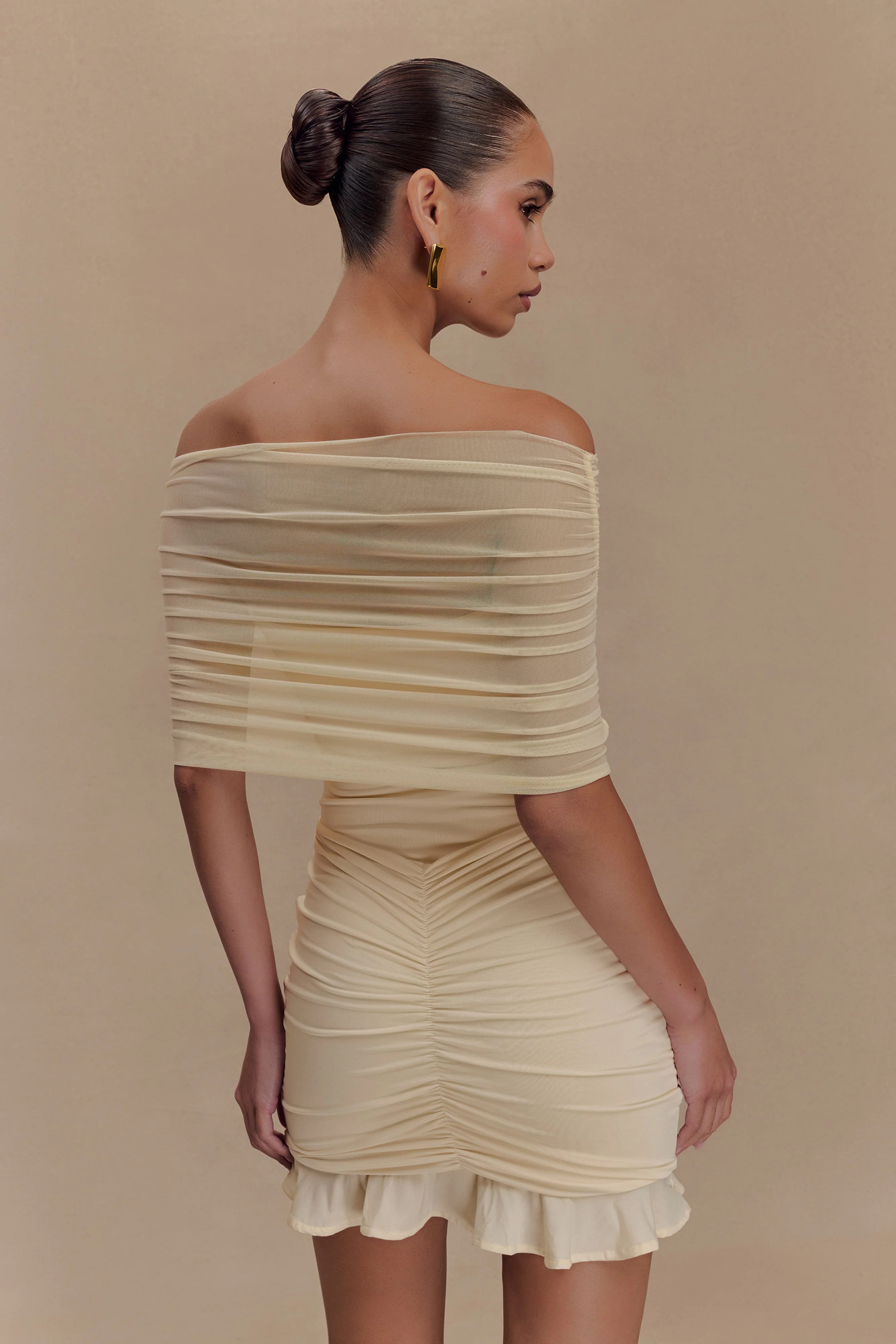 Caspian Slinky And Mesh Off Shoulder Mini Dress - Ivory - Image 5