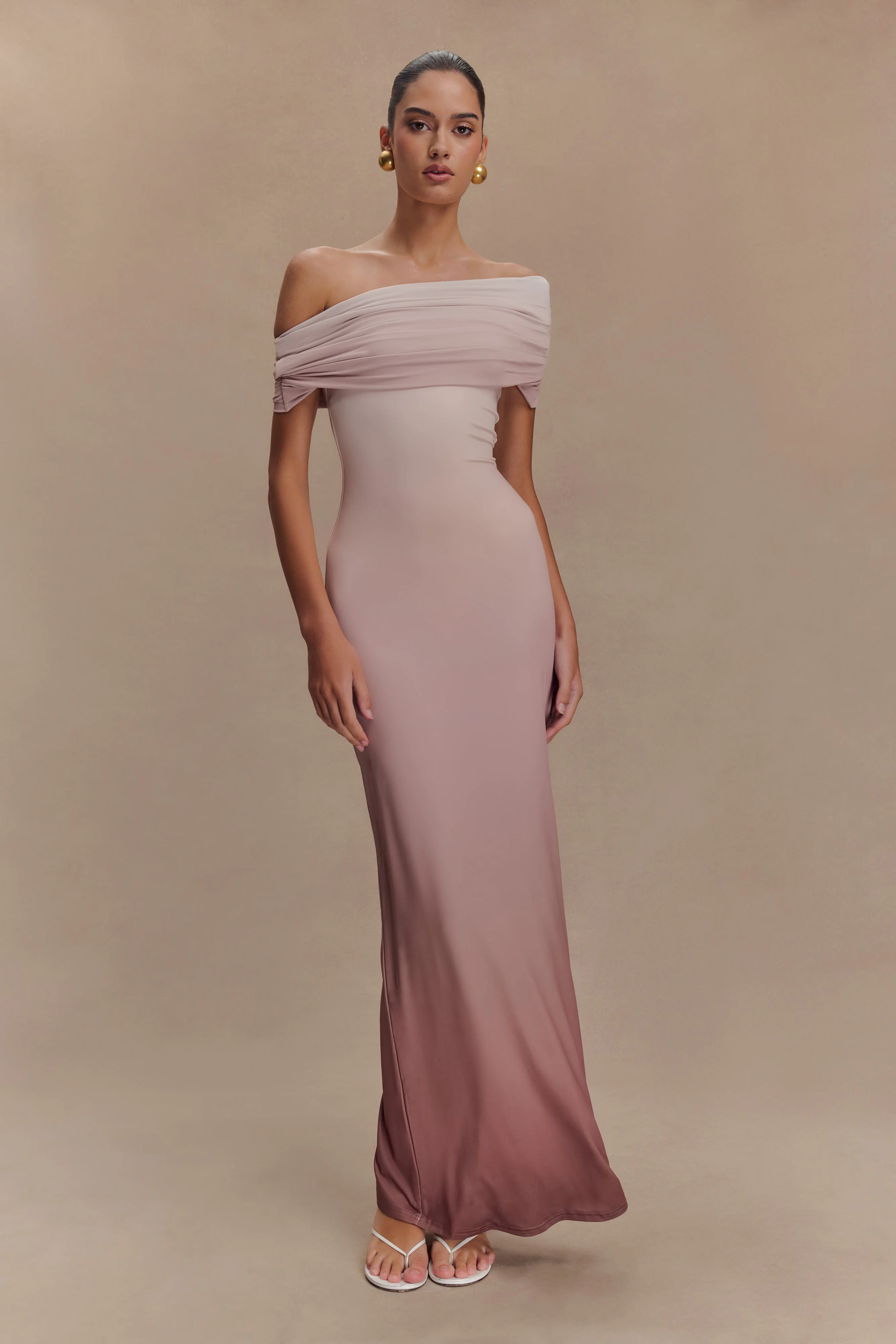 Cassandra Off Shoulder Slinky Maxi Dress - Neutral Ombre - Image 5