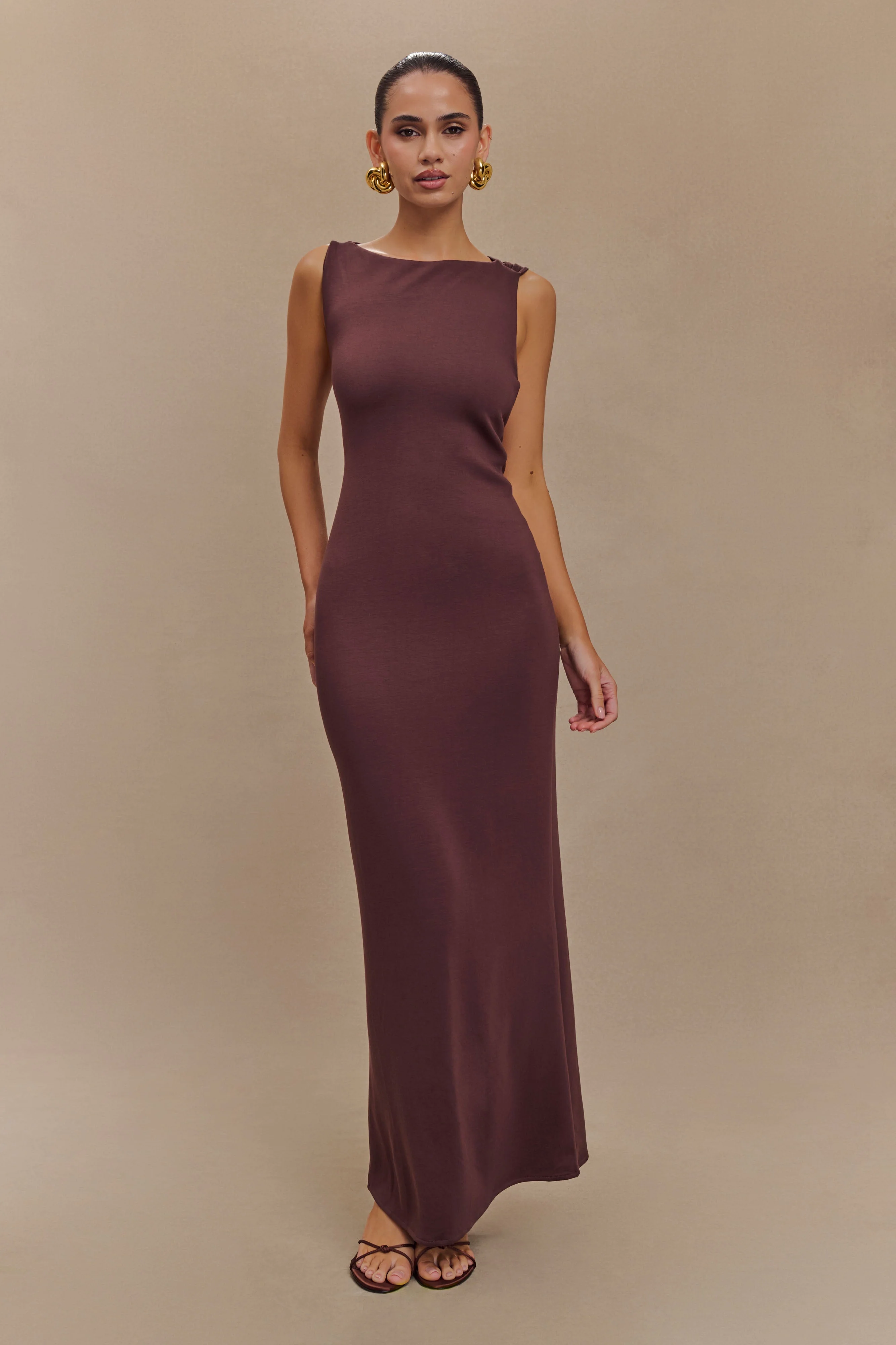 Catelyn Asymmetrical Scuba Jersey Midi Dress - Cacao Brown - Image 2