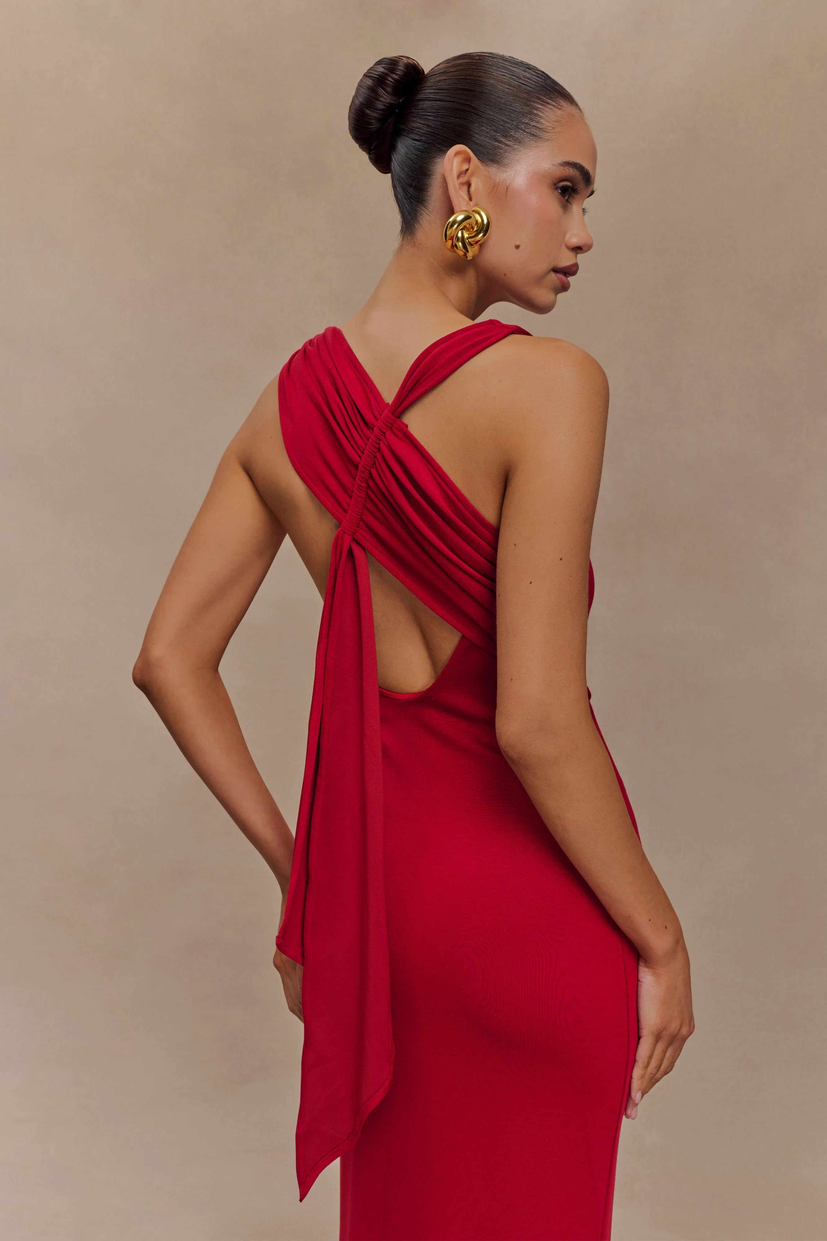 Catelyn Asymmetrical Scuba Jersey Midi Dress - Ruby - Image 5