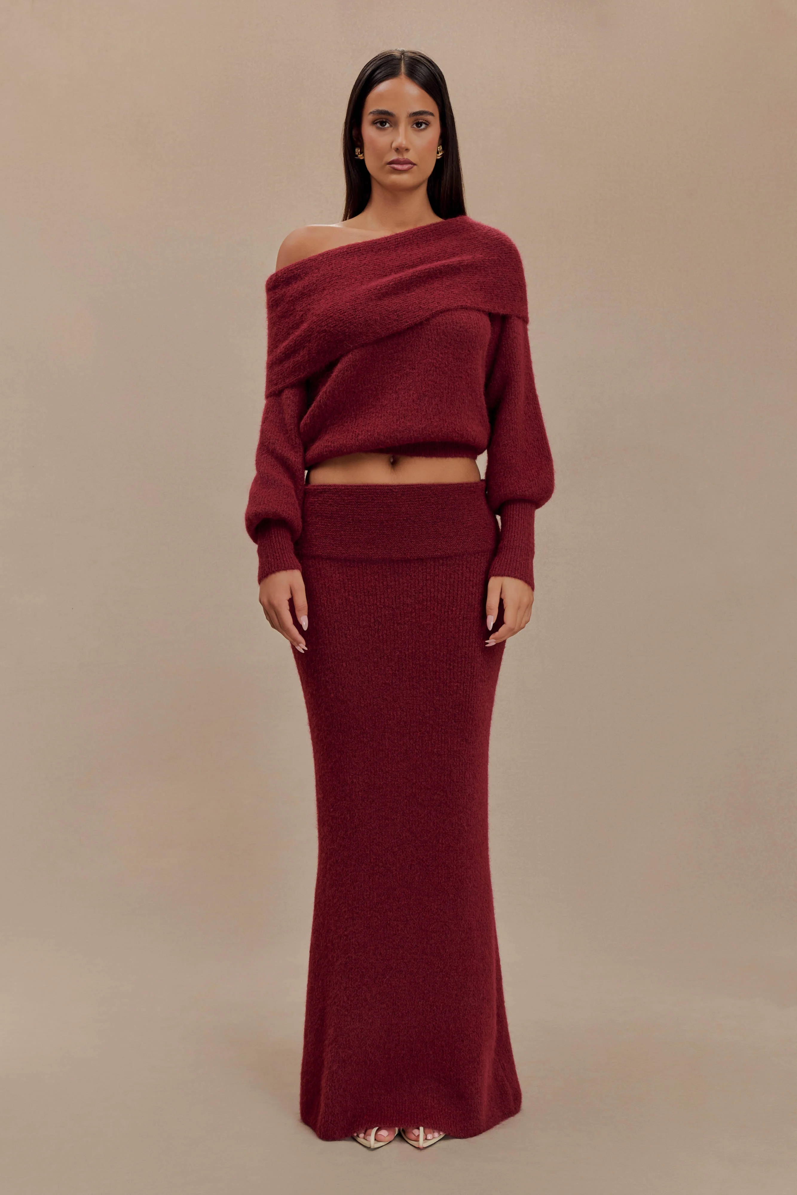 Charlotte Knit Maxi Skirt With Overlay - Merlot - Image 7
