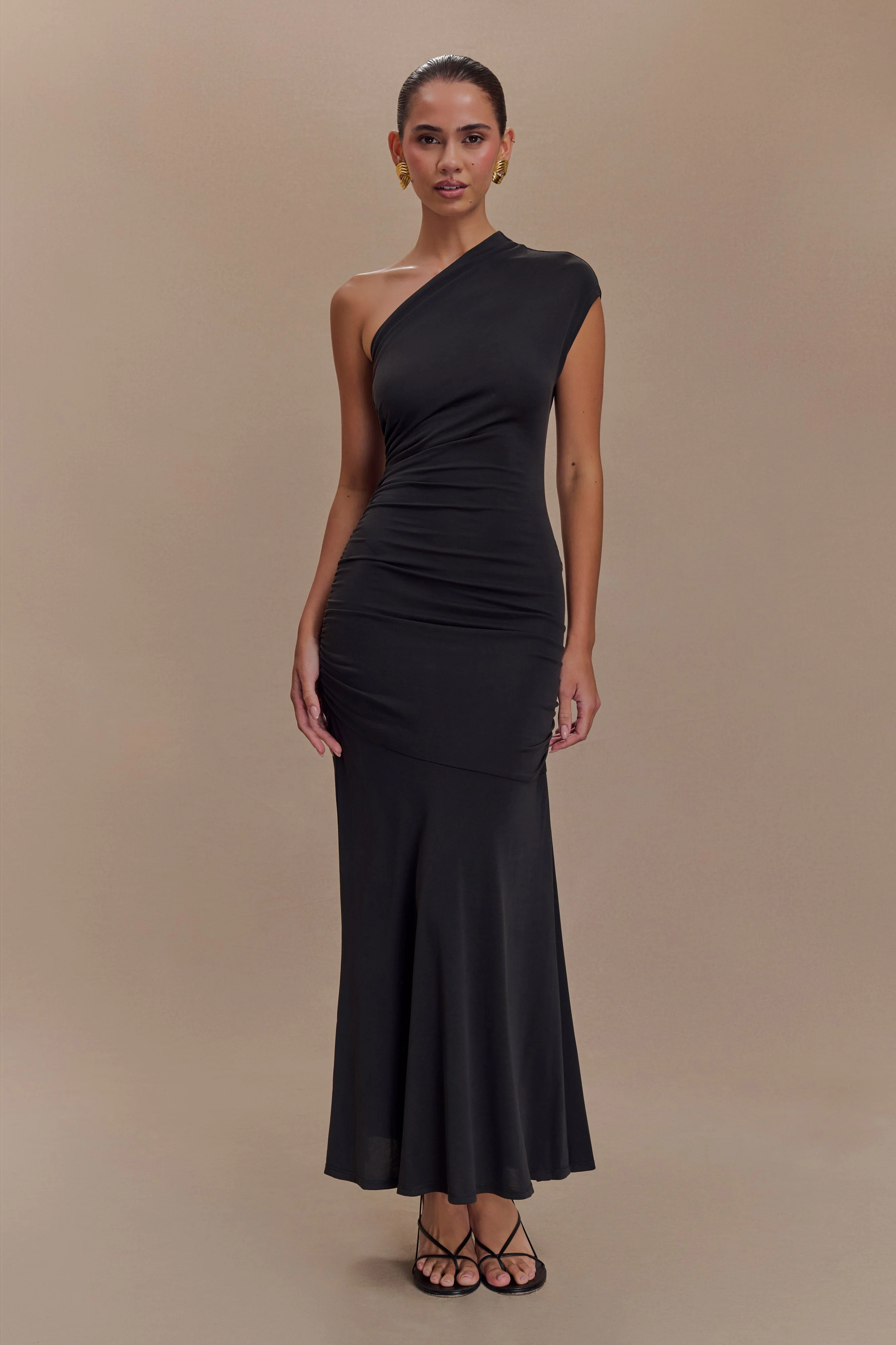 Chloe Peached Jersey One Shoulder Midi Dress - Black - Image 5