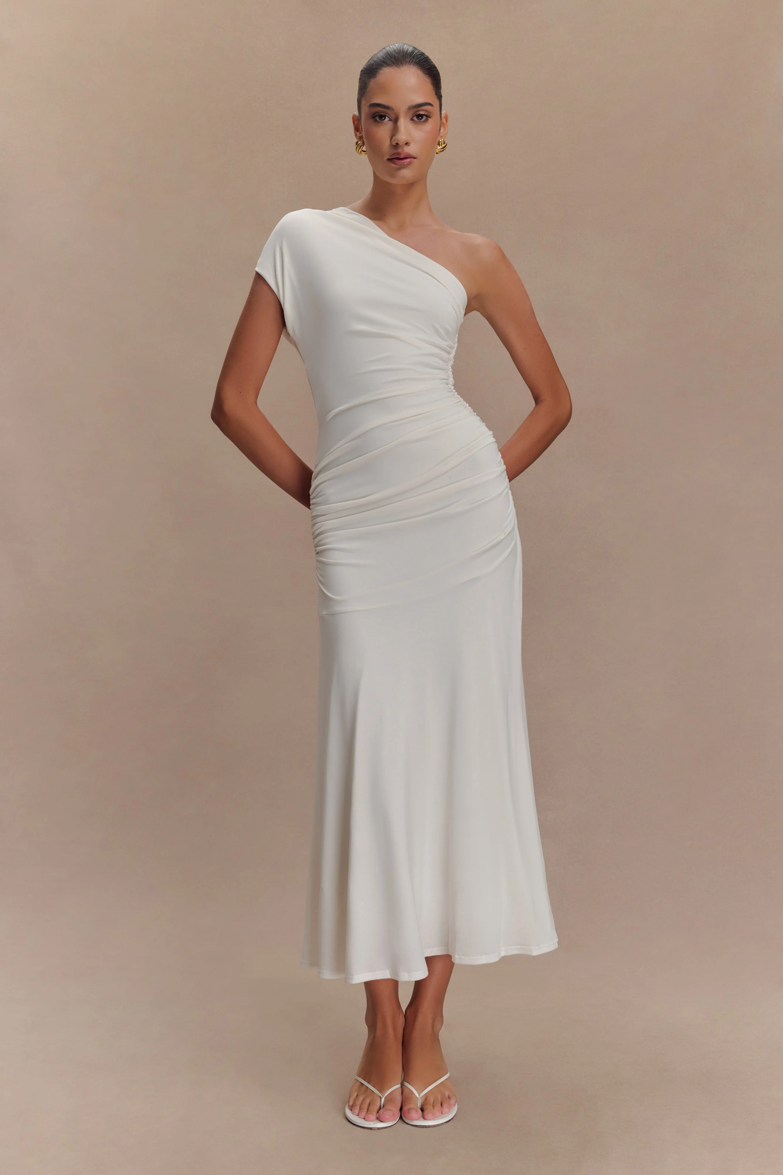 Chloe Peached Jersey One Shoulder Midi Dress - Ivory - Image 2