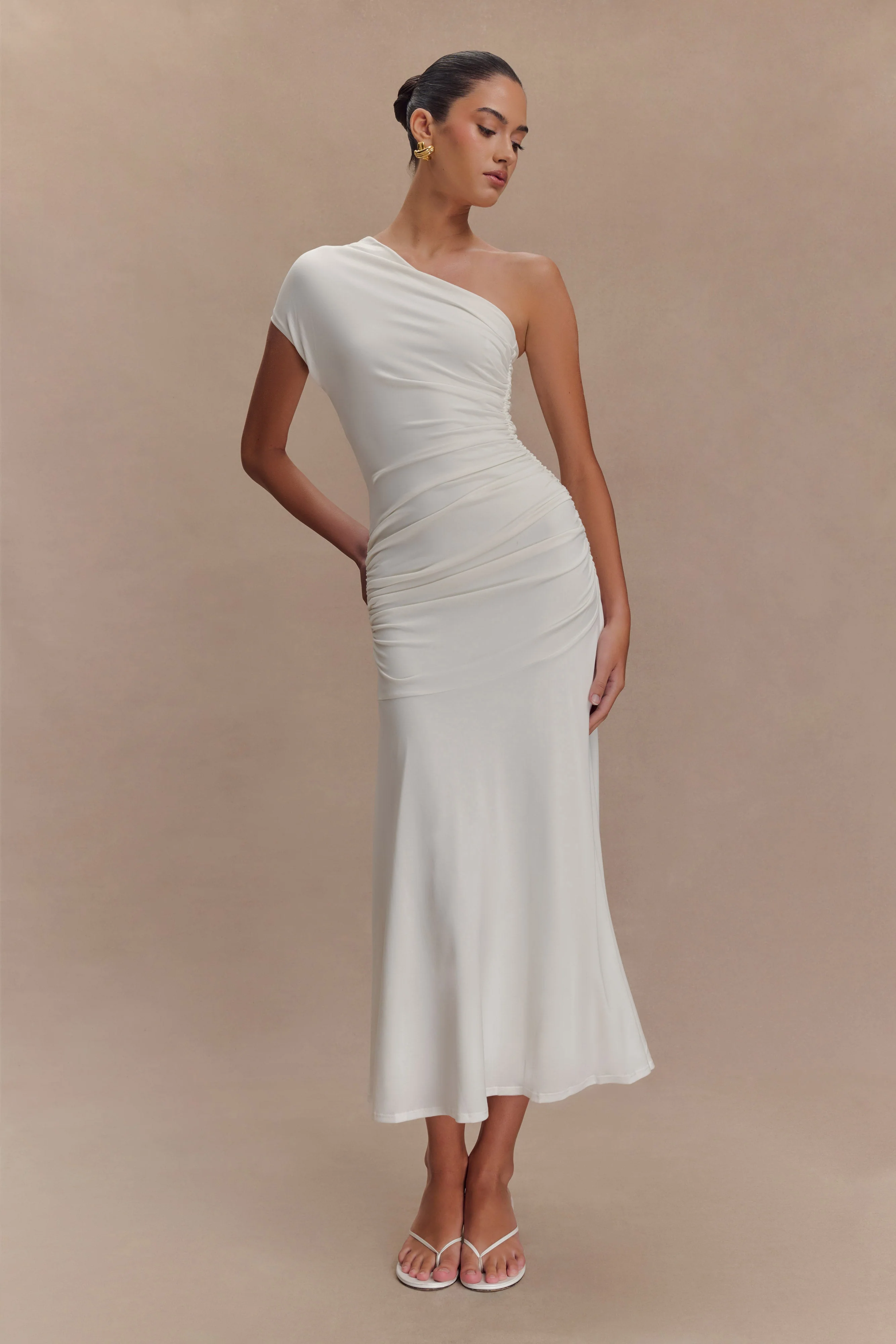 Chloe Peached Jersey One Shoulder Midi Dress - Ivory - Image 6
