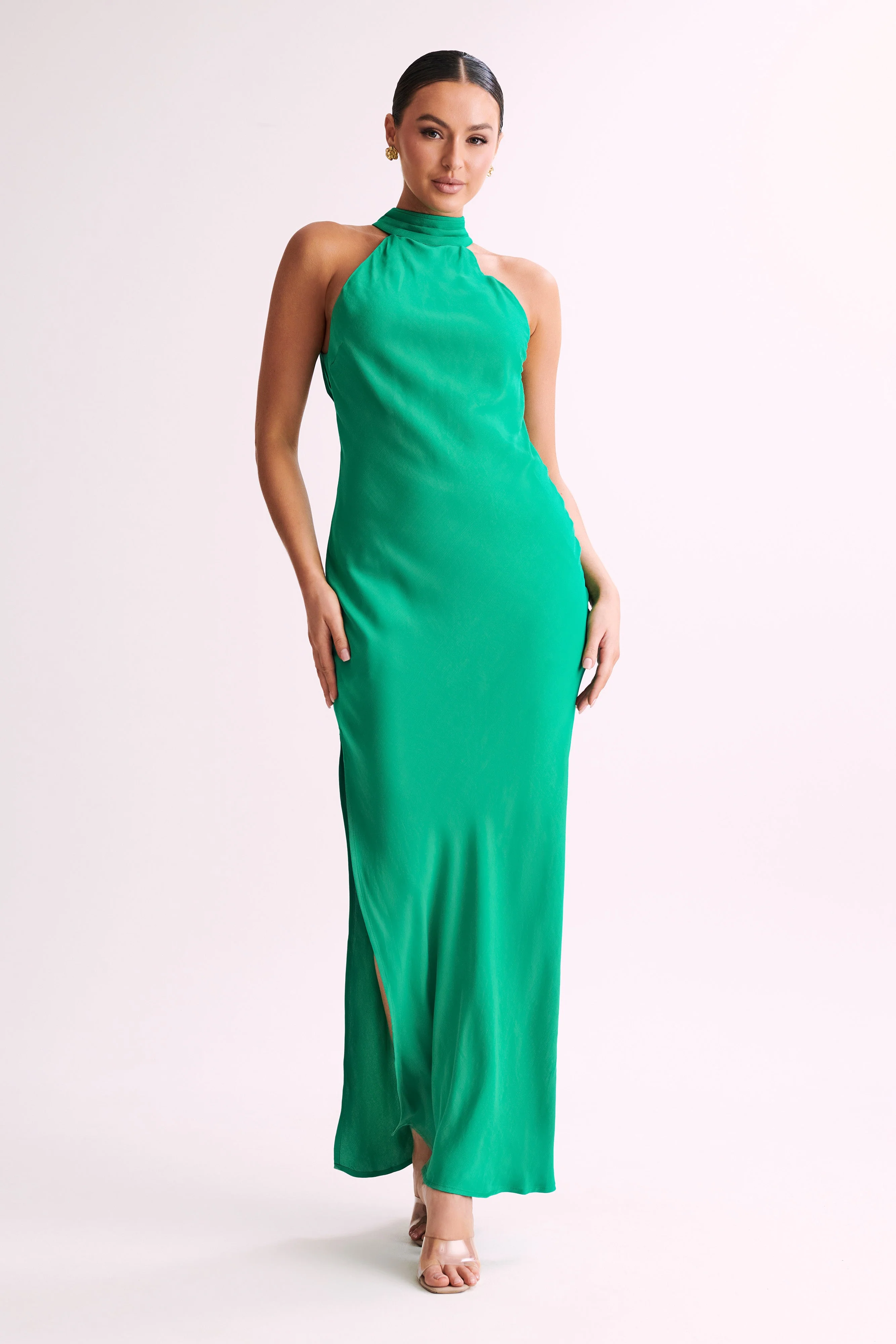 Claire Satin Drape Back Maxi Dress with Split - Green - Image 11