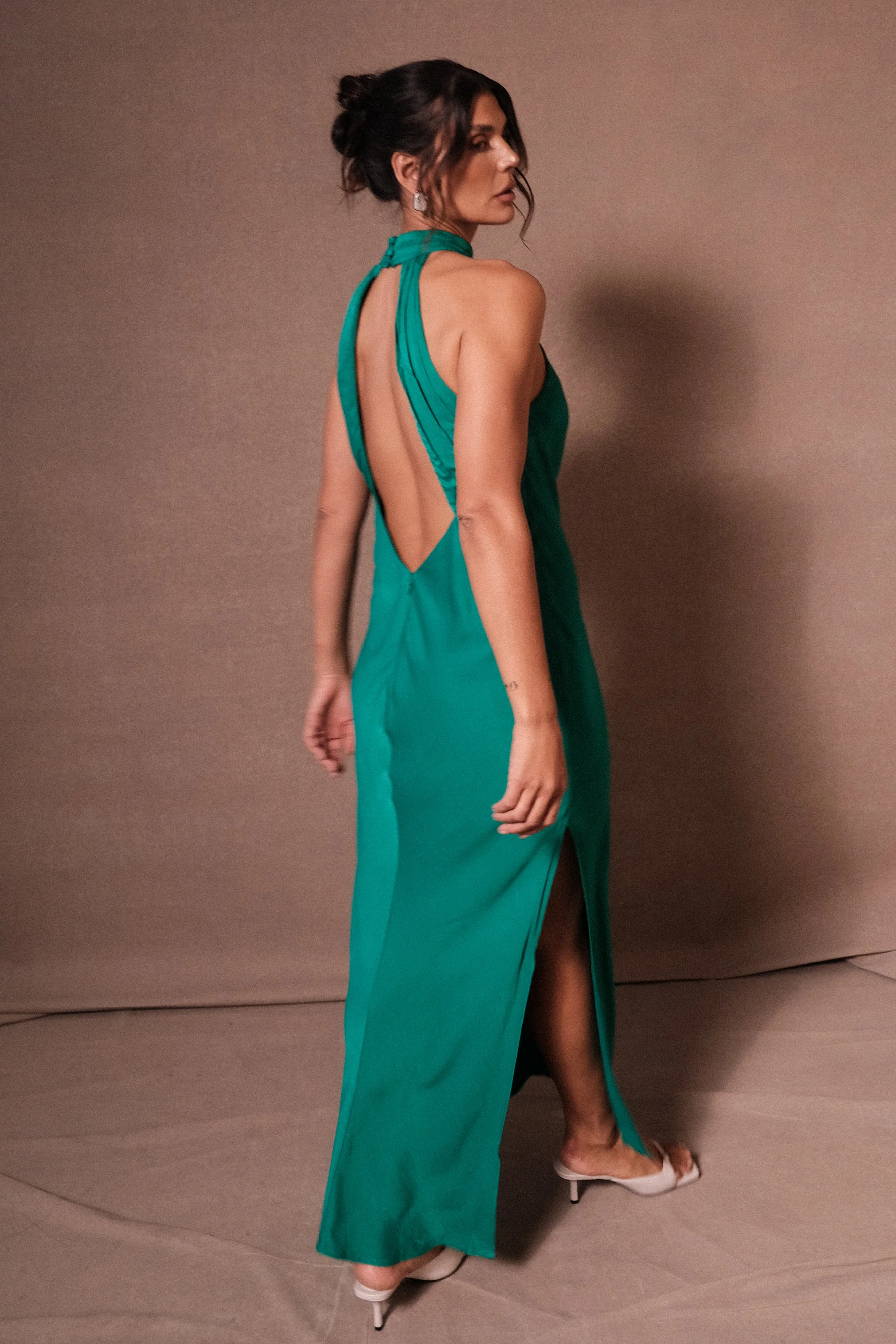 Claire Satin Drape Back Maxi Dress with Split - Green - Image 3