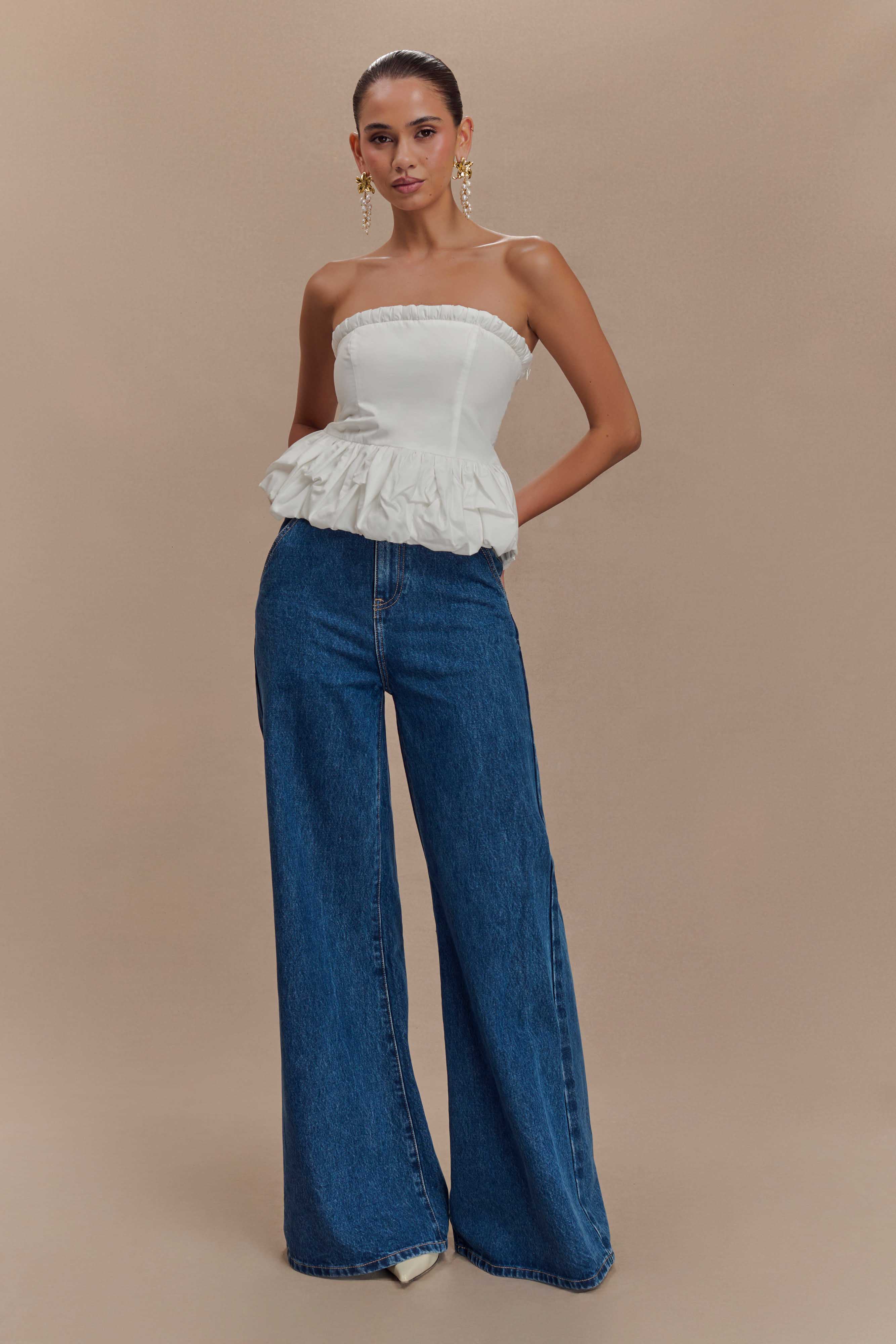 Cora Ruched Strapless Top - White - Image 5