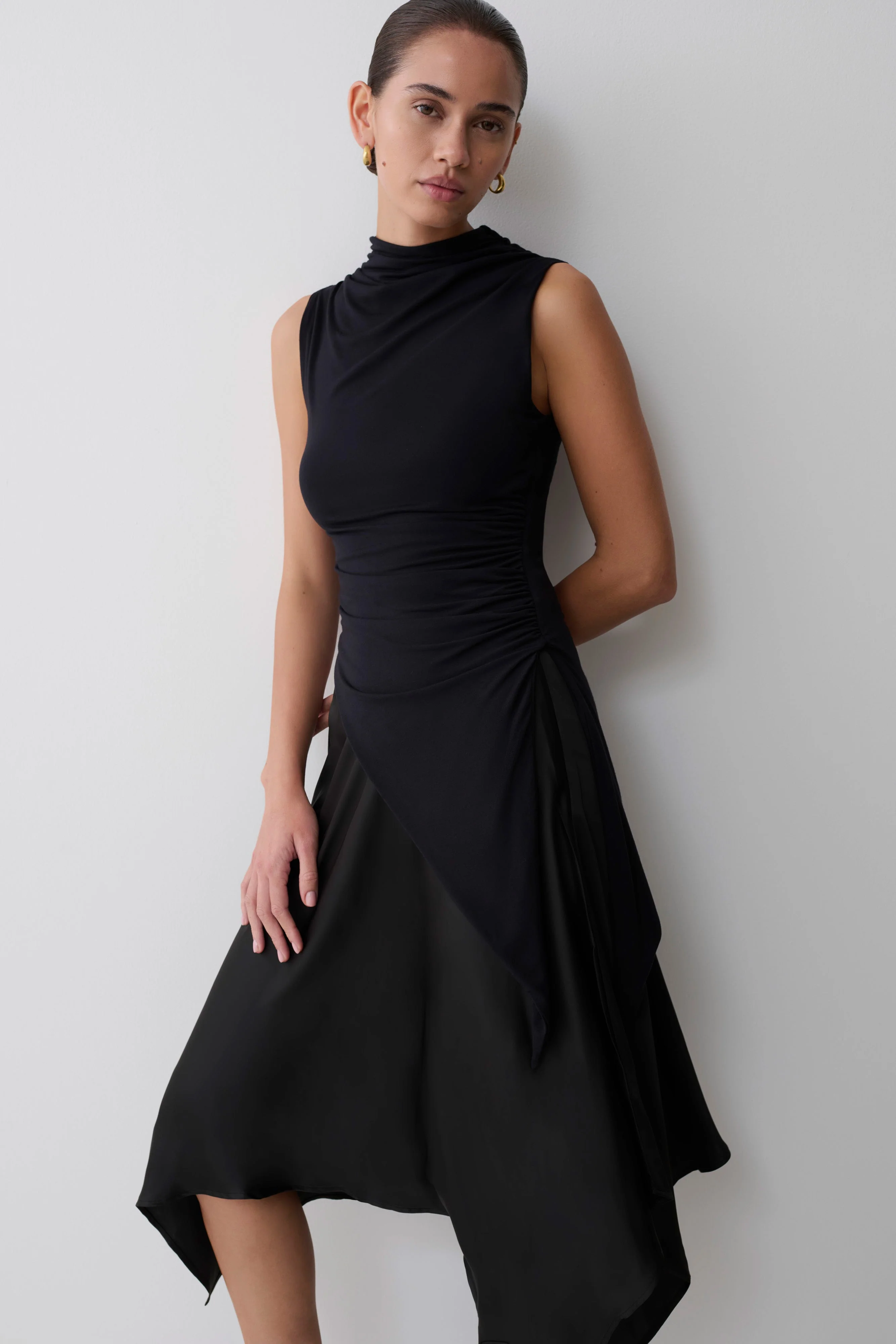 Coralie Asymmetric Satin Midi Skirt - Black - Image 13