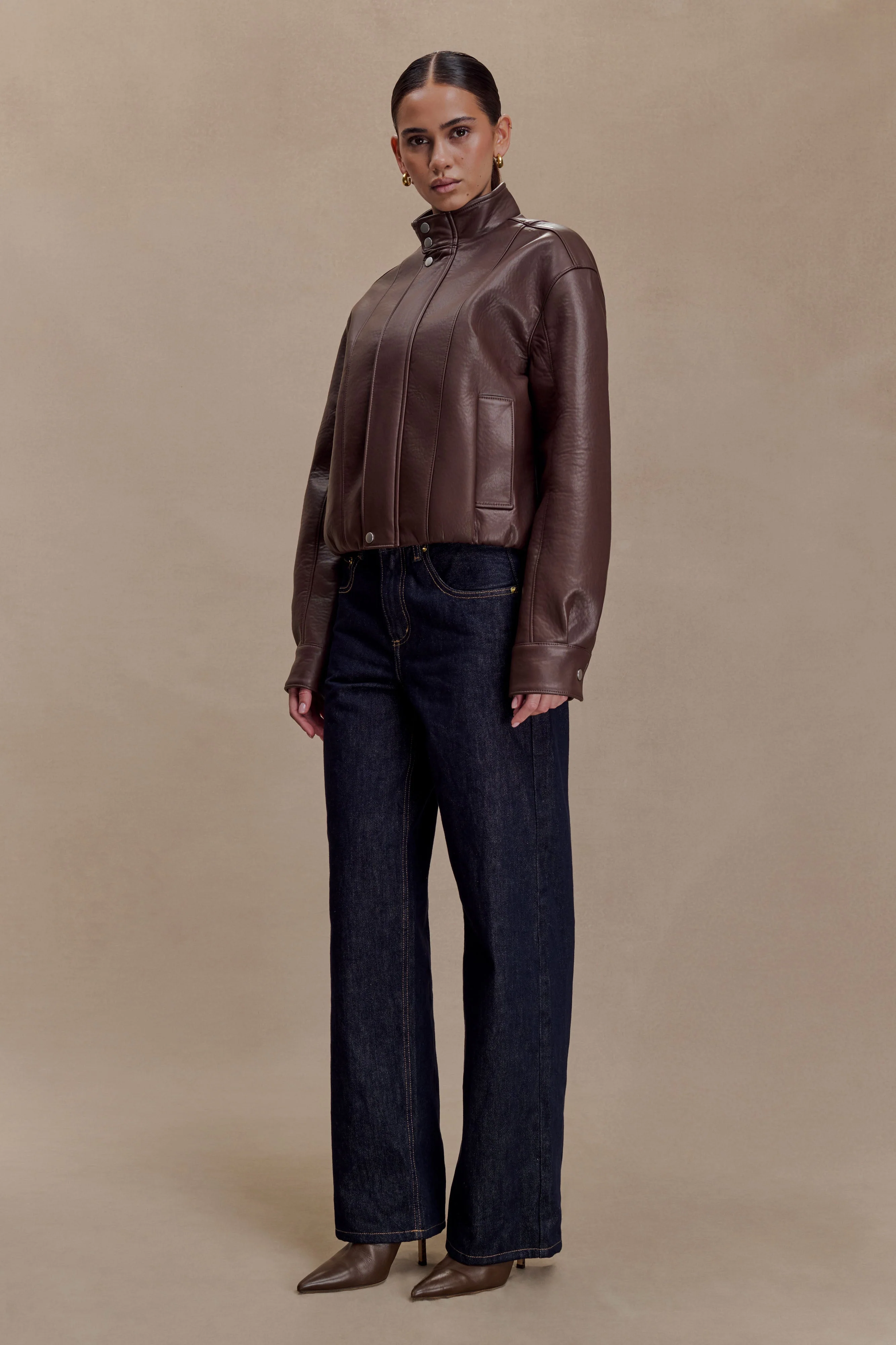 Curtis Faux Leather Bomber Jacket - Dark Chocolate - Image 5