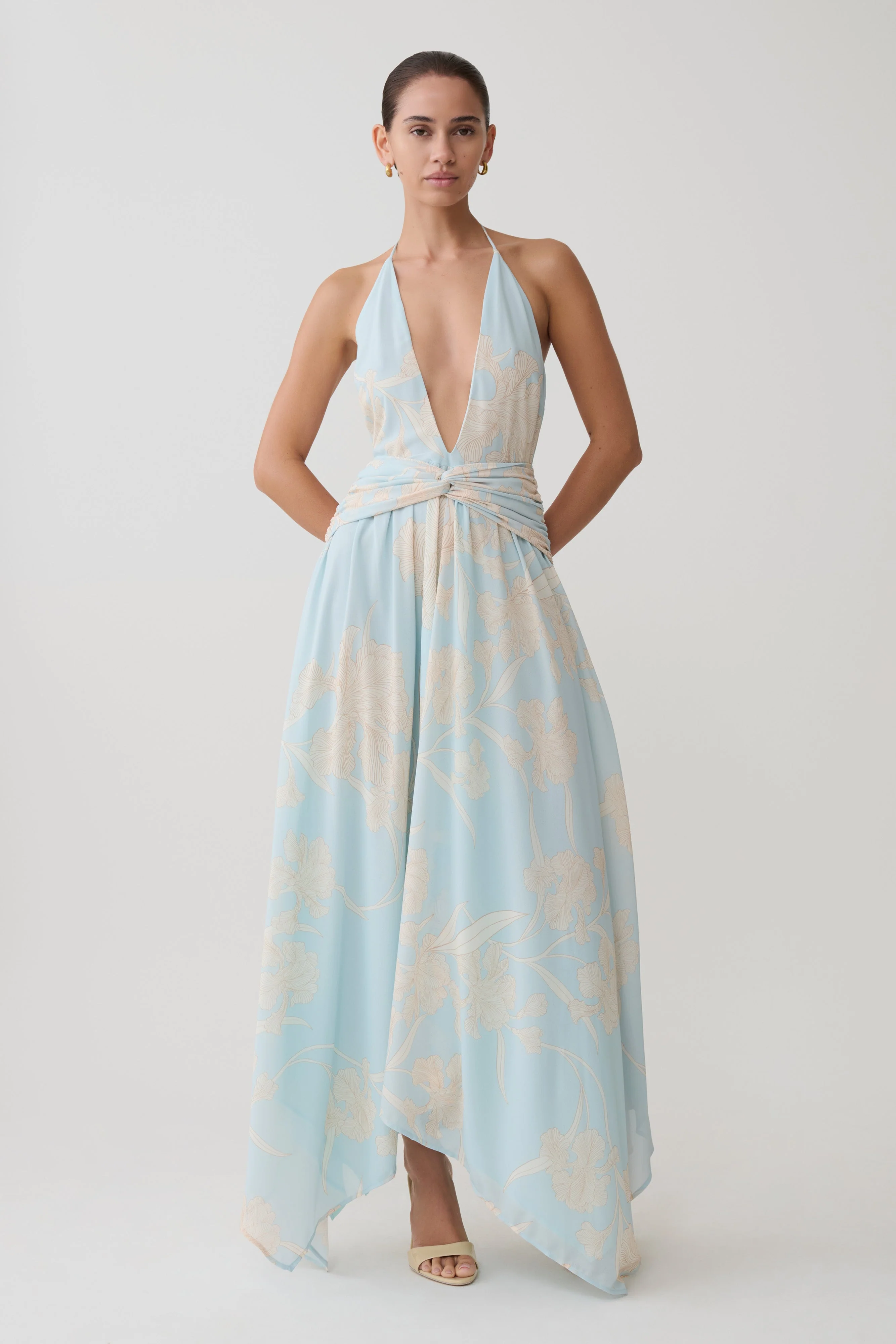 Cyra Plunge Chiffon Midi Dress - Blue Floral Print - Image 3