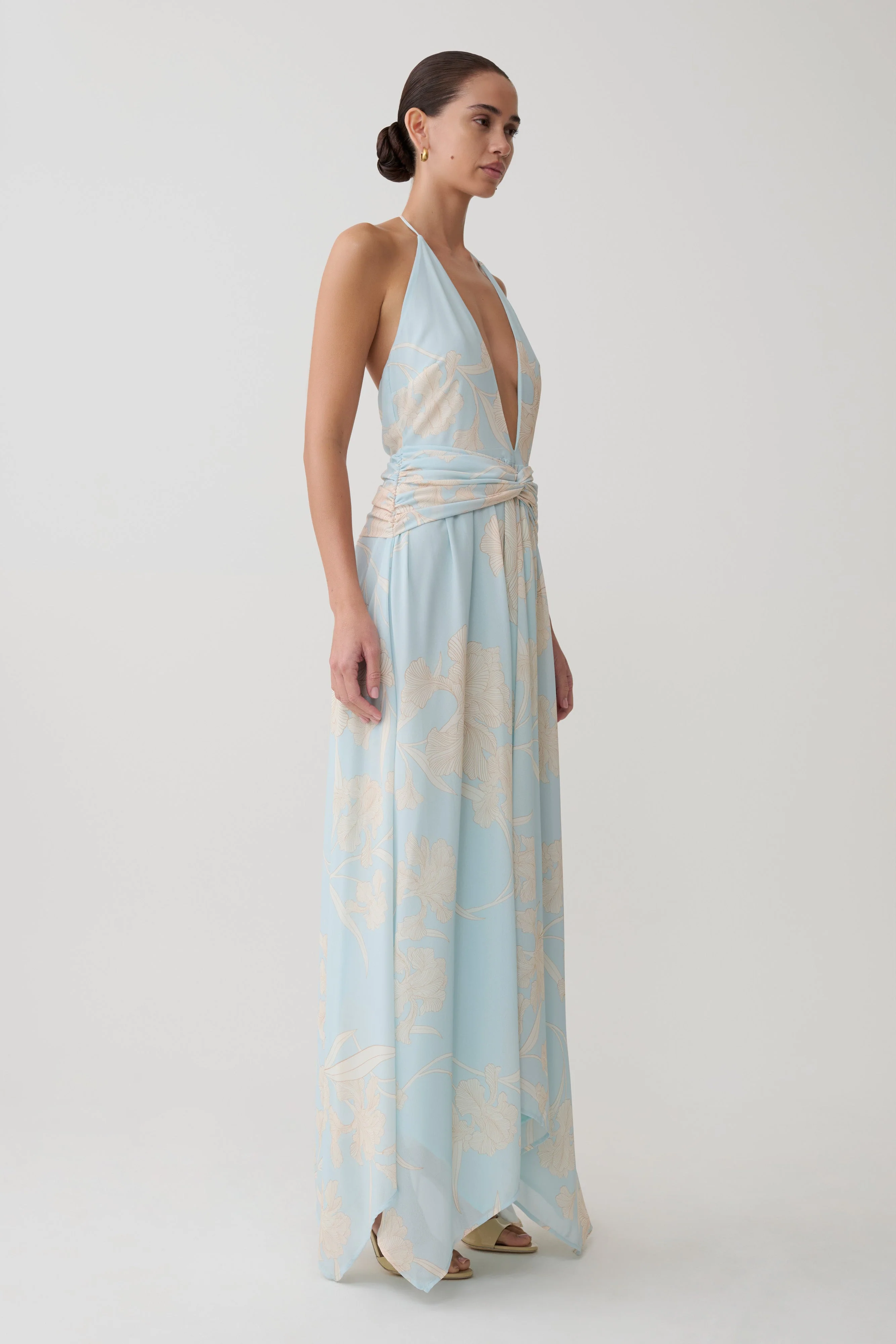 Cyra Plunge Chiffon Midi Dress - Blue Floral Print - Image 5