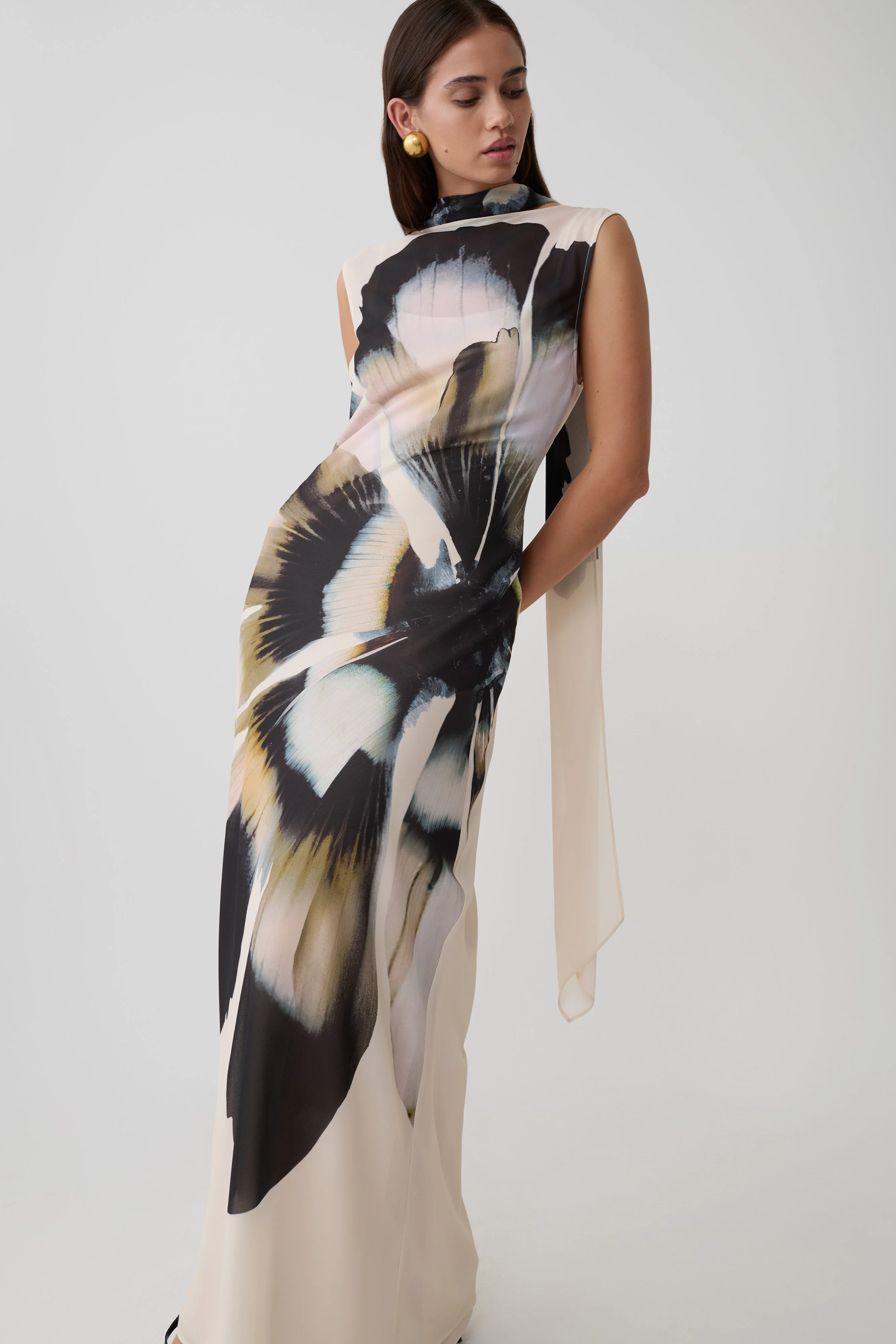 Dakota Chiffon Maxi Dress With Scarf - Ivory Oversized Floral Print - Image 6