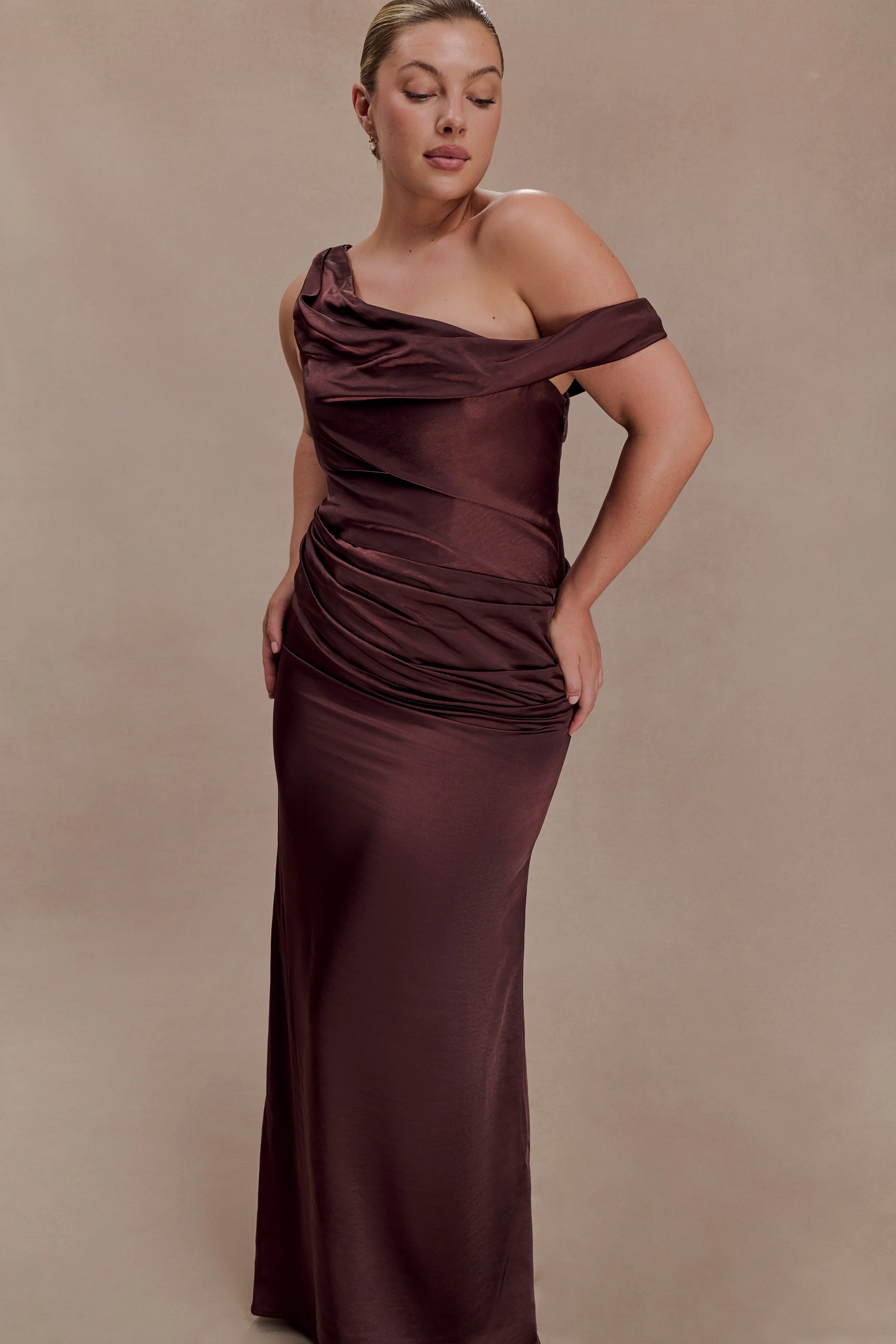 Dalia Off Shoulder Satin Maxi Dress - Dark Chocolate - Image 3