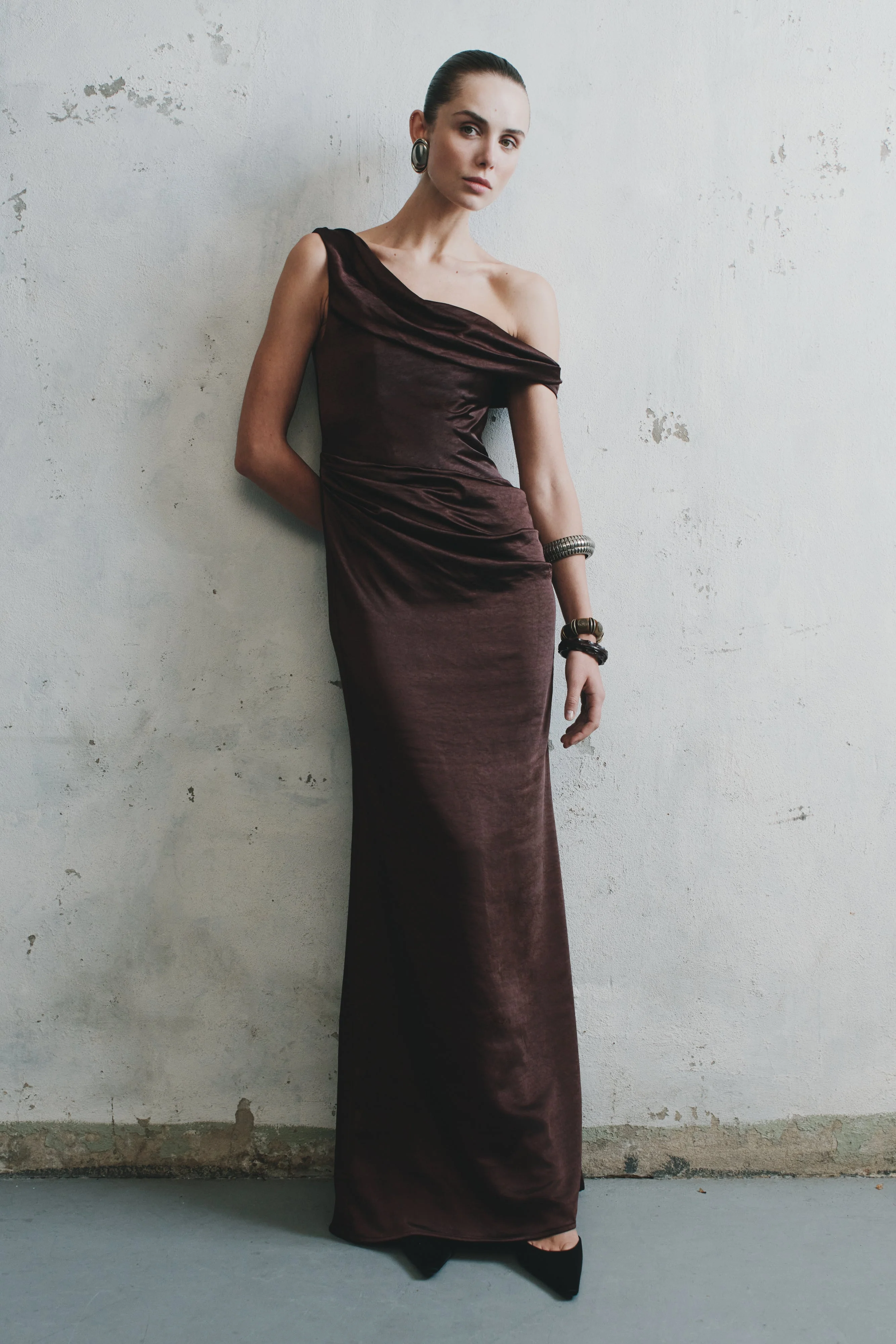 Dalia Off Shoulder Satin Maxi Dress - Dark Chocolate - Image 5