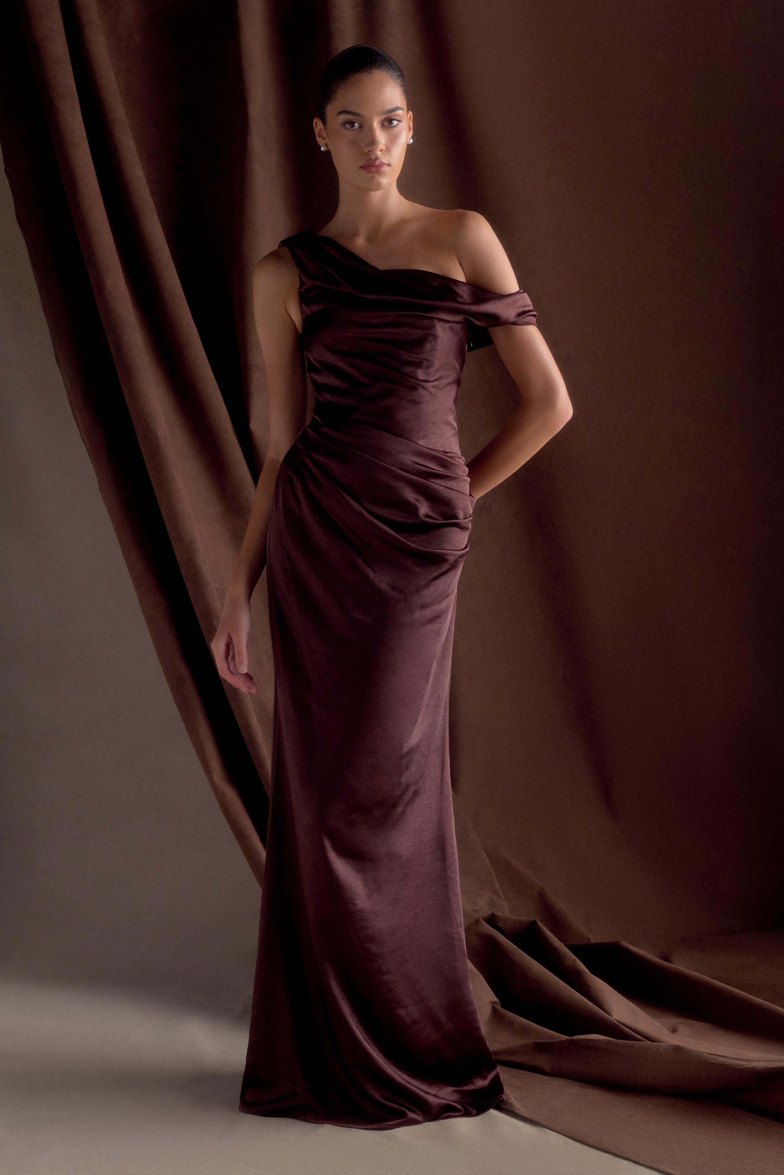 Dalia Off Shoulder Satin Maxi Dress - Dark Chocolate - Image 6
