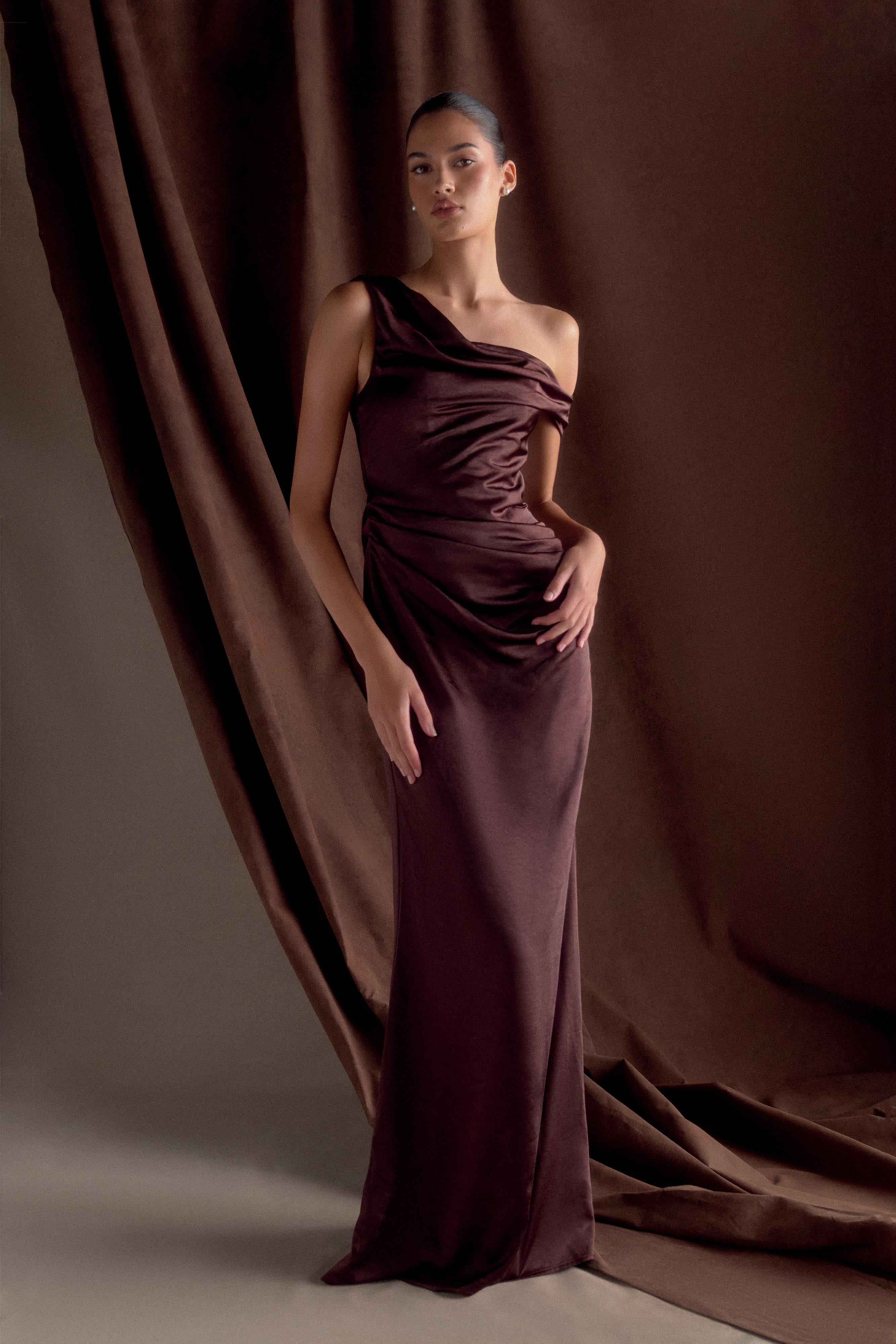 Dalia Off Shoulder Satin Maxi Dress - Dark Chocolate - Image 7