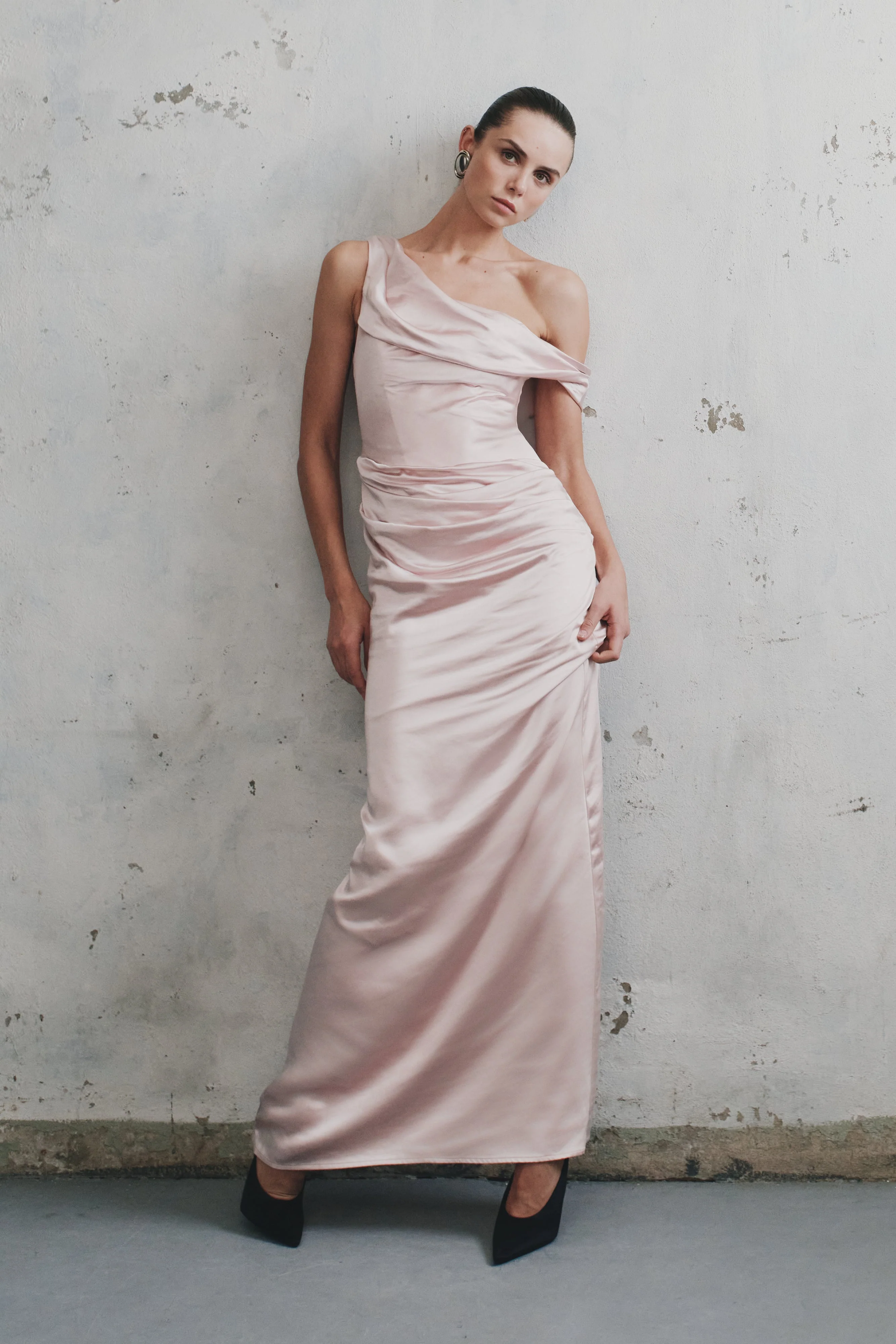 Dalia Off Shoulder Satin Maxi Dress - Soft Pink - Image 4