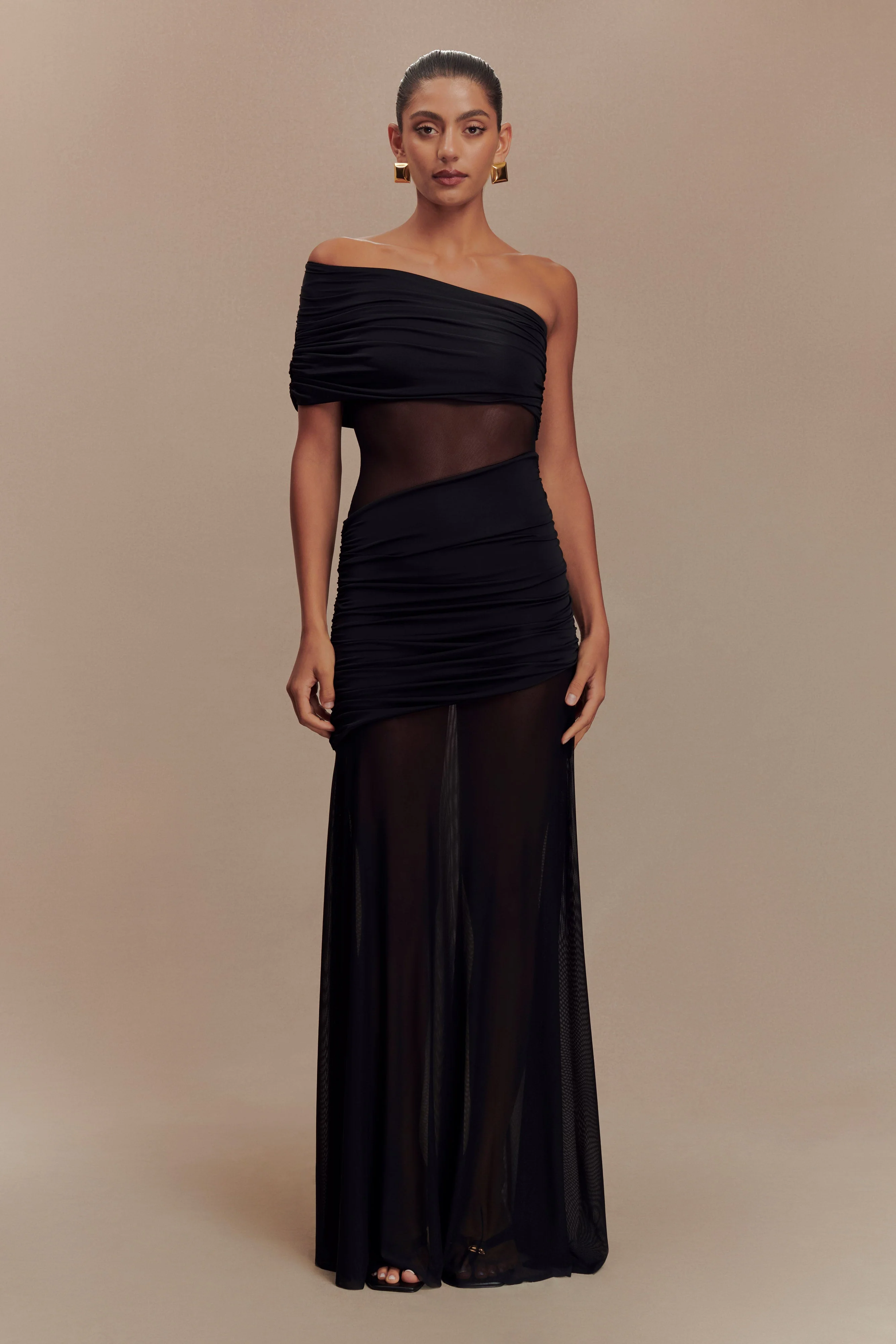Dallas One Shoulder Mesh Maxi Dress - Black - Image 3