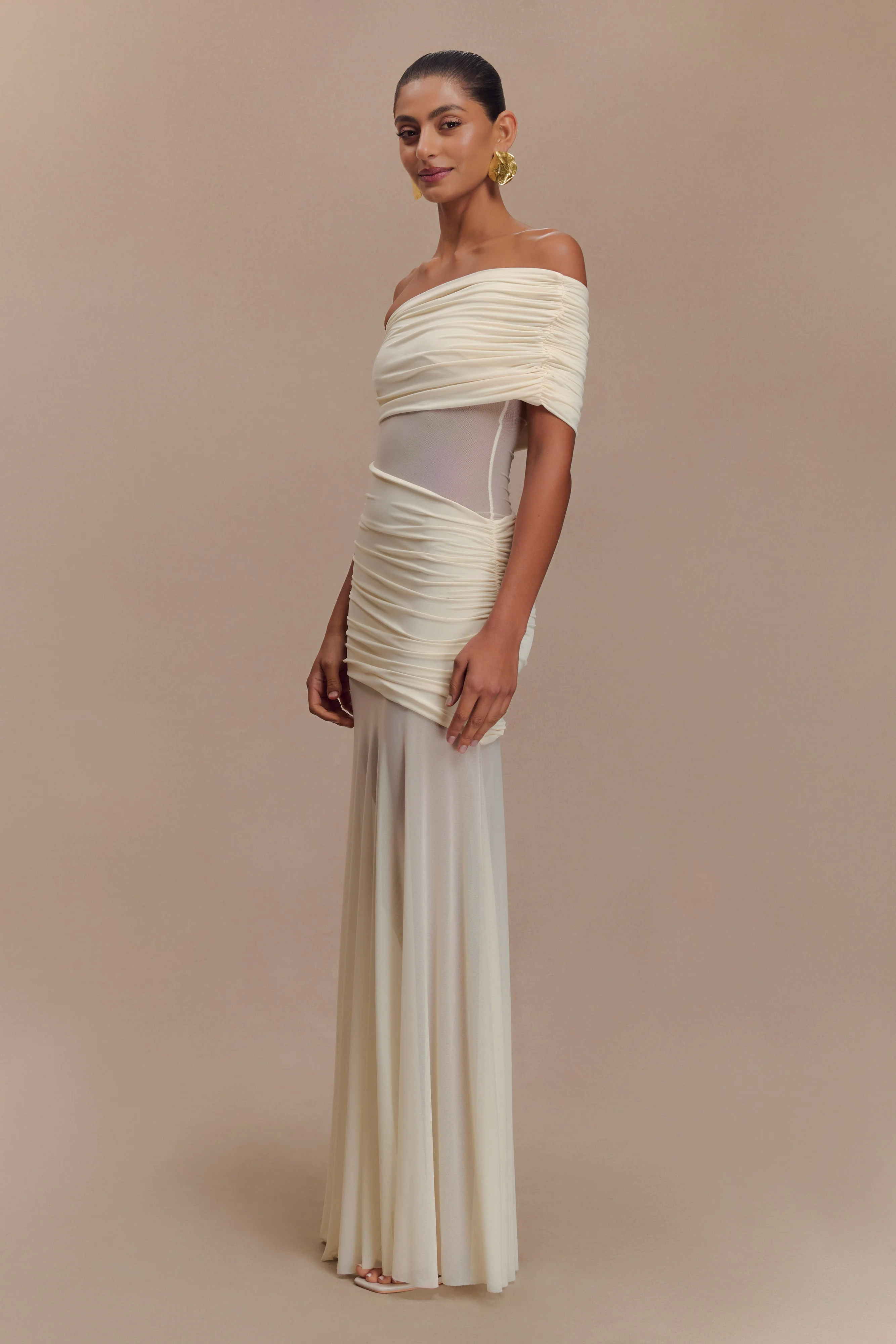 Dallas One Shoulder Mesh Maxi Dress - Ivory - Image 6