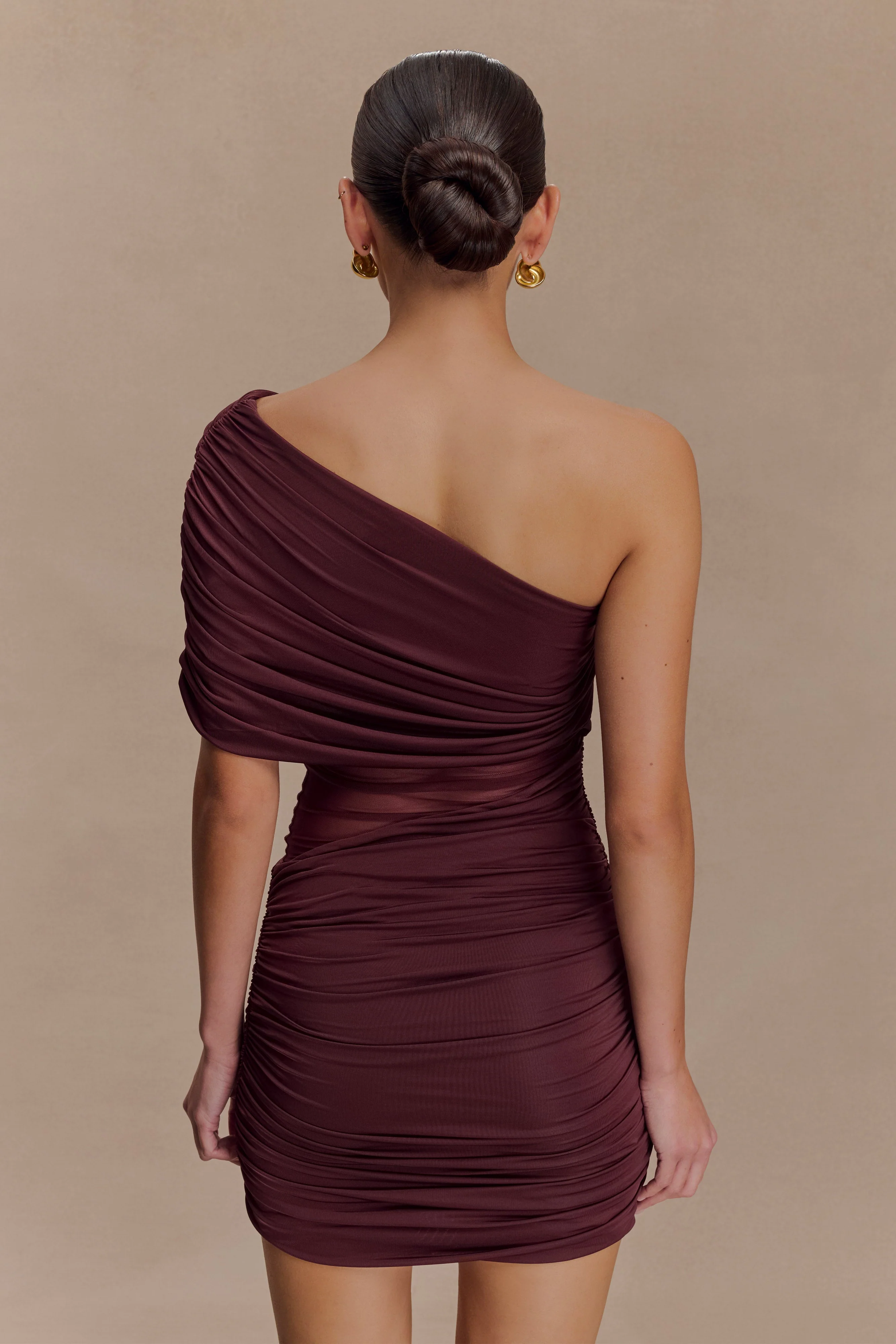 Dallas One Shoulder Mesh Mini Dress  - Mahogany - Image 2