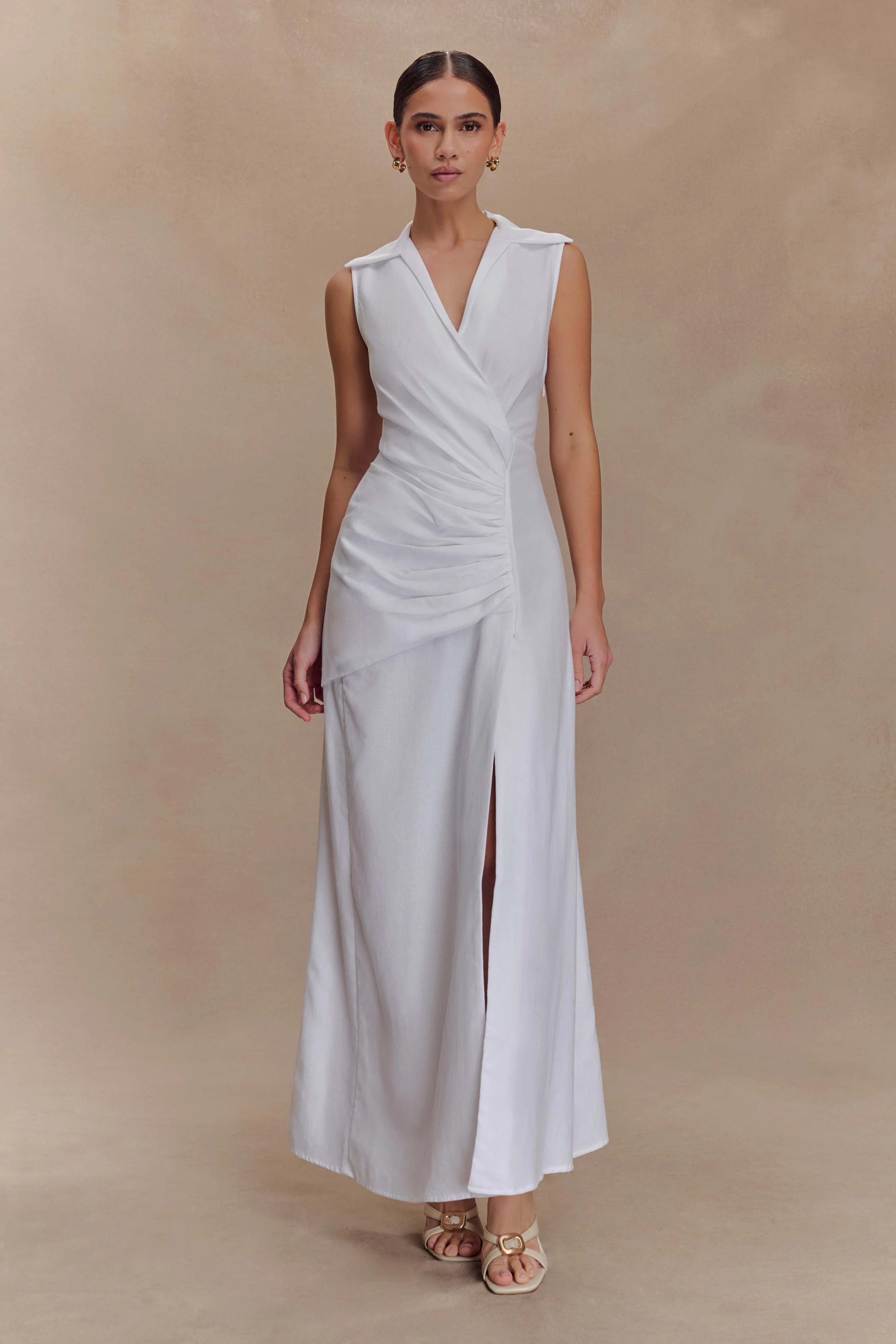Dante Ruched Linen Midi Dress - White - Image 5