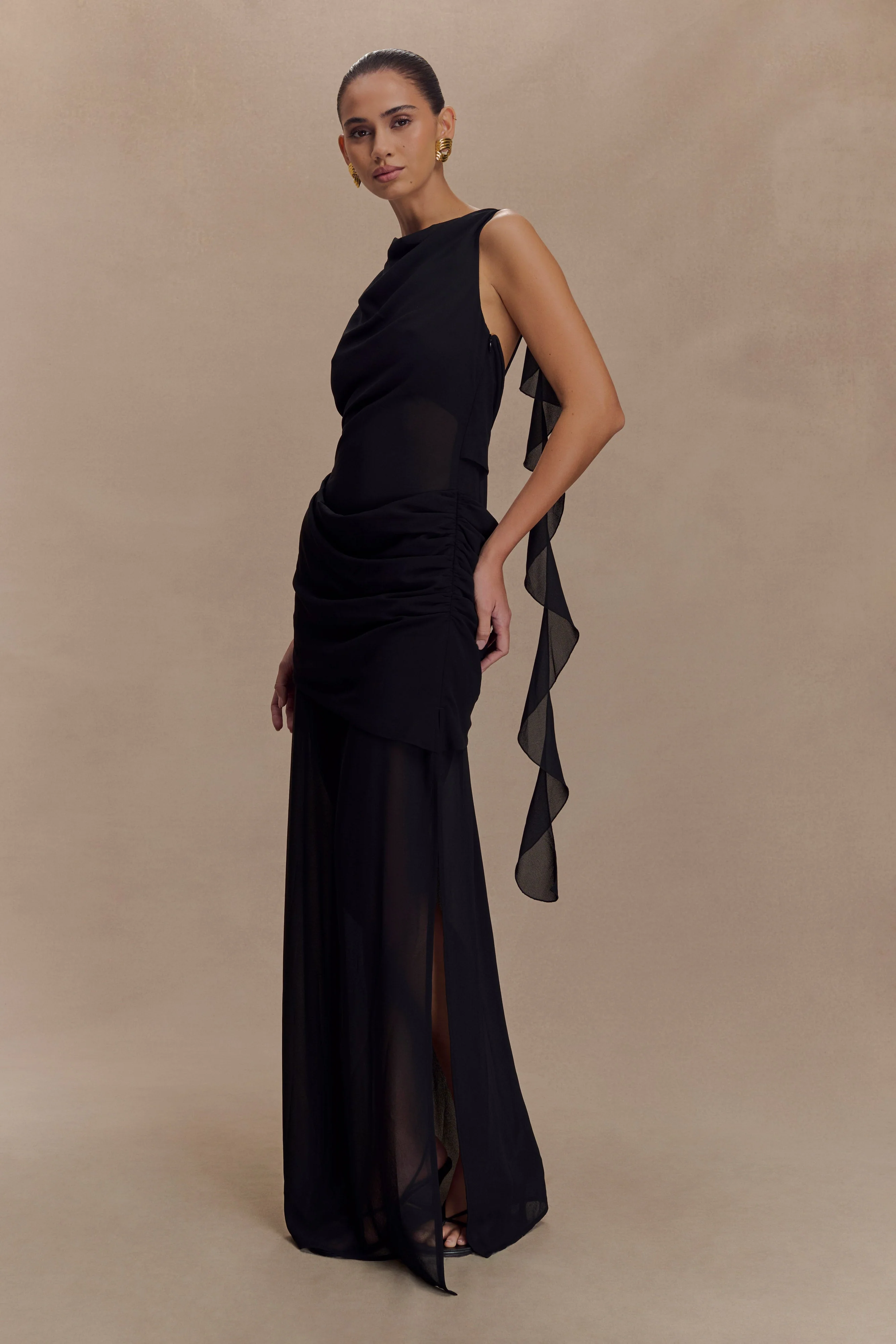 Daria Draped Chiffon Maxi Dress - Black - Image 4
