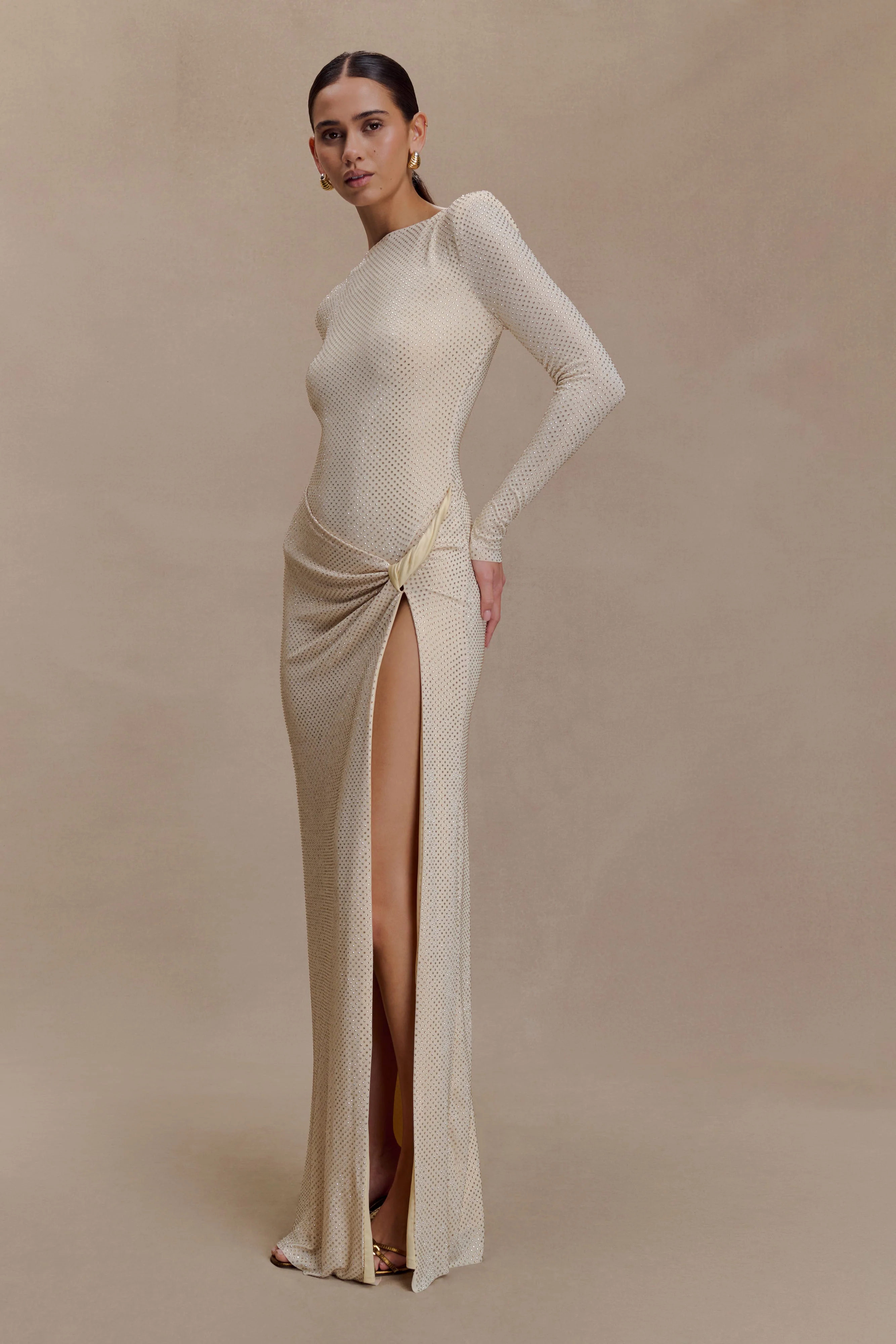 Deanna Long Sleeve Diamante Maxi Dress - Gold - Image 7