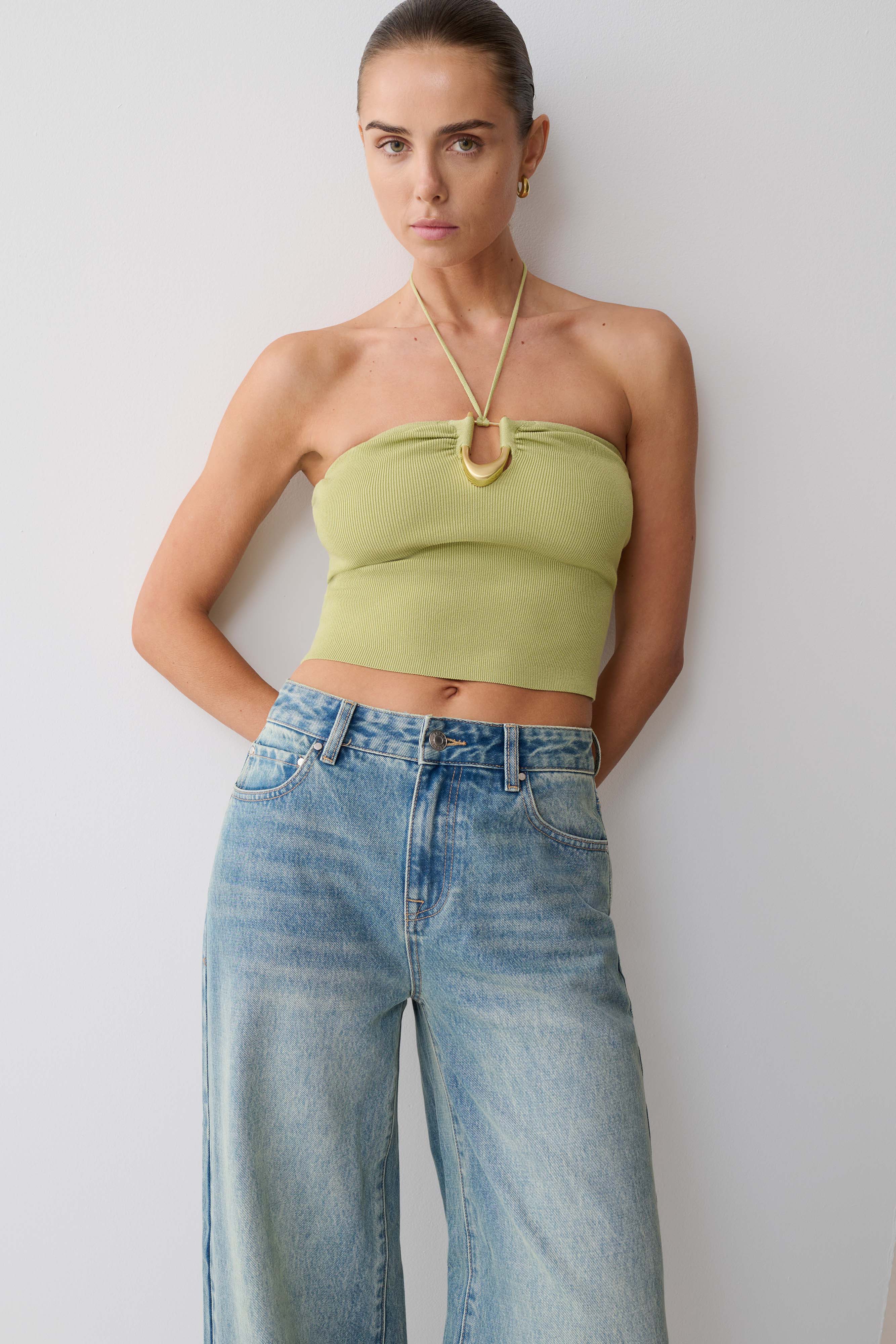 Dimitri Knit Halter Top With Hardware - Light Olive - Image 3