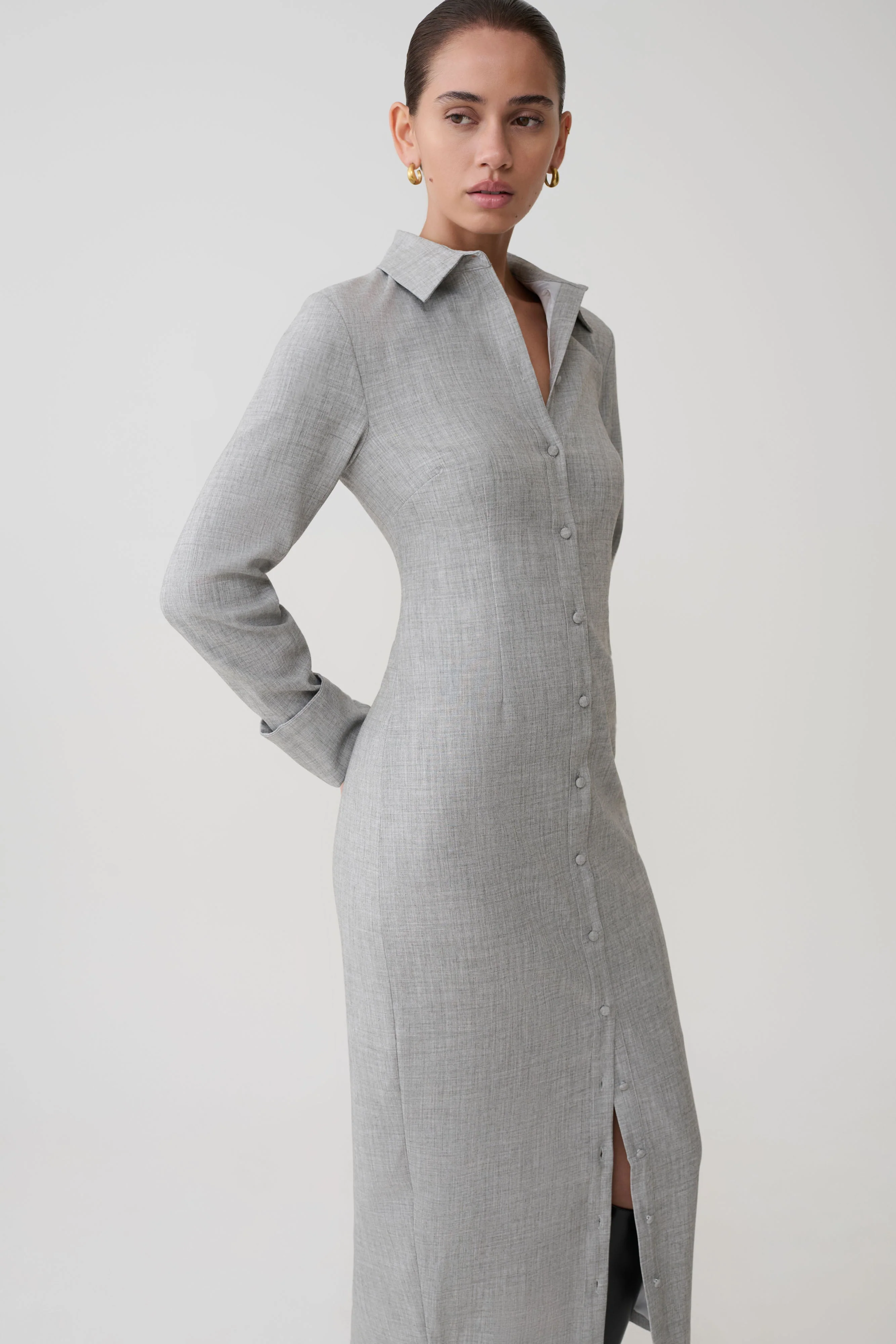 Dorian Fitted Shirt Midi Dress - Charcoal Marle - Image 2