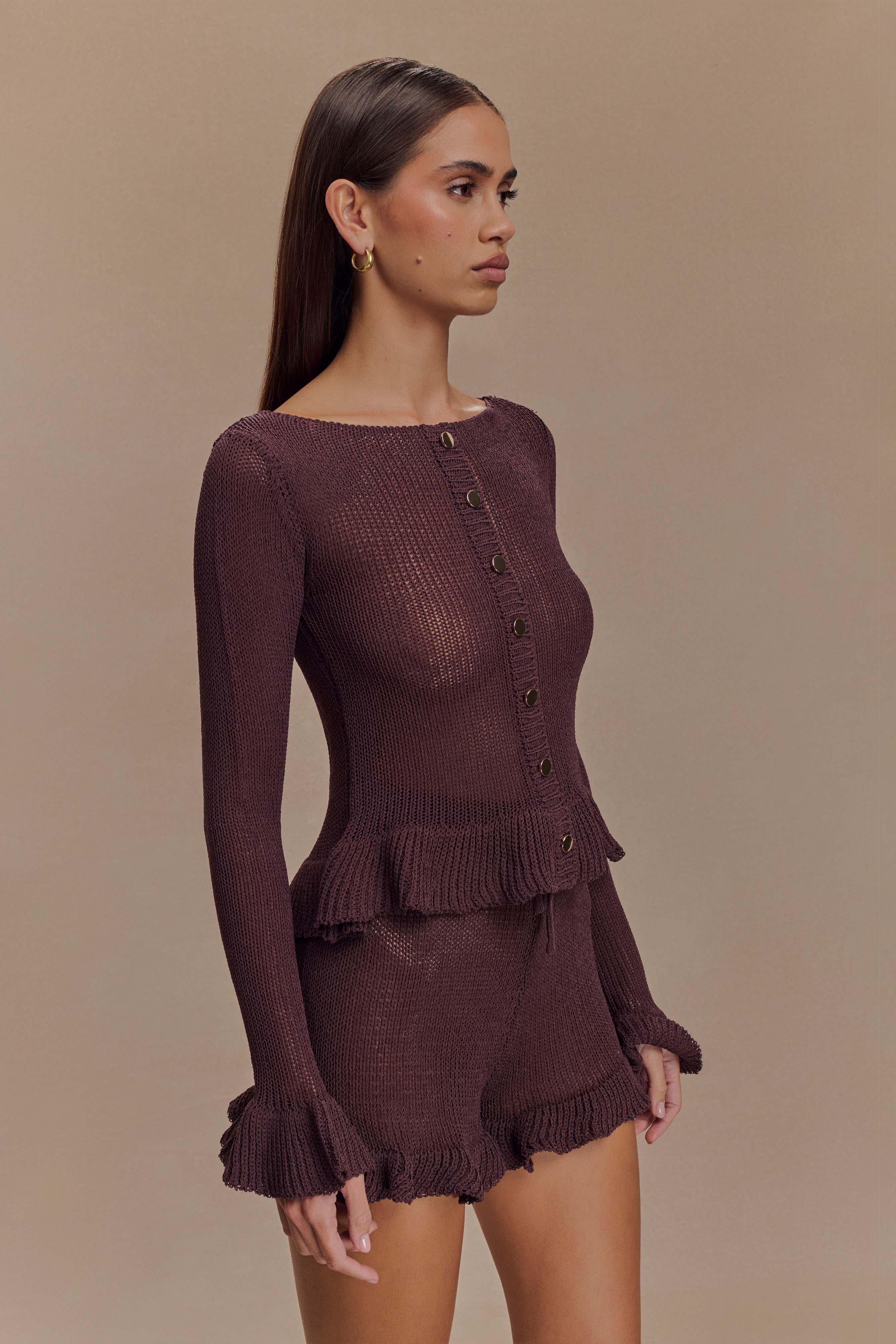 Eleanor Knit Frill Cardigan - Chocolate - Image 5