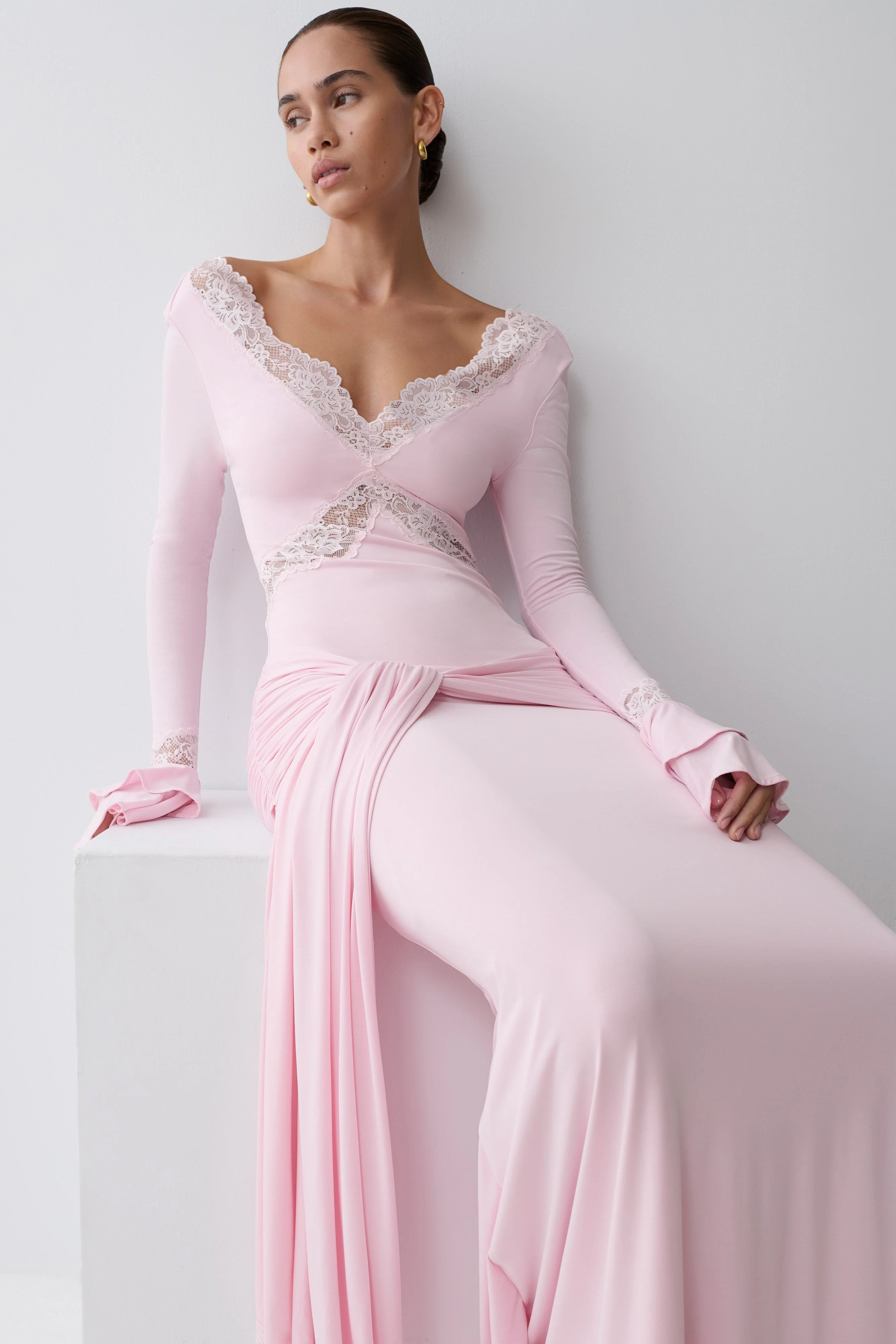 Electra Slinky Lace Maxi Dress - Ballet Pink - Image 6