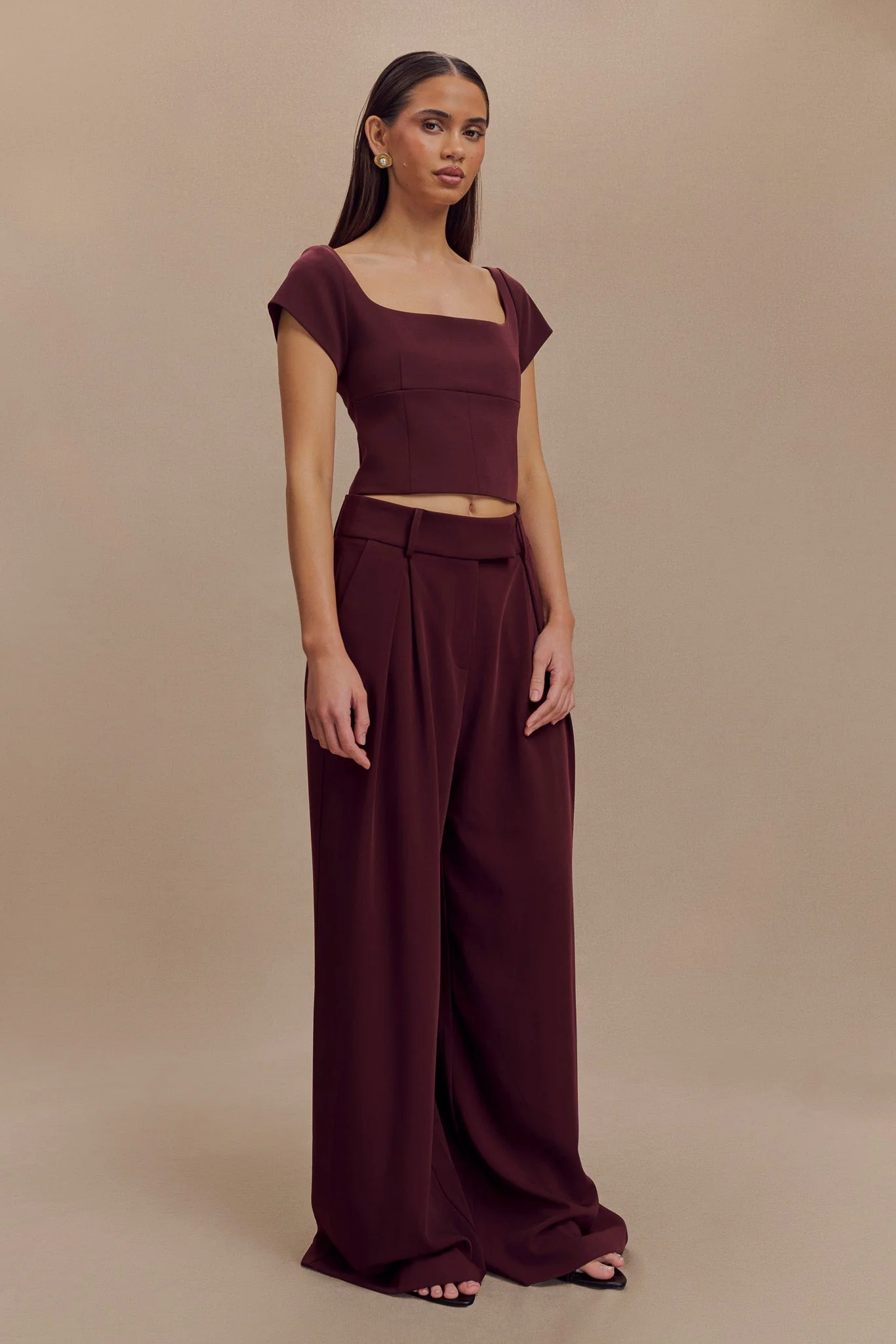 Ellis Cap Sleeve Longline Suiting Top - Mahogany - Image 6
