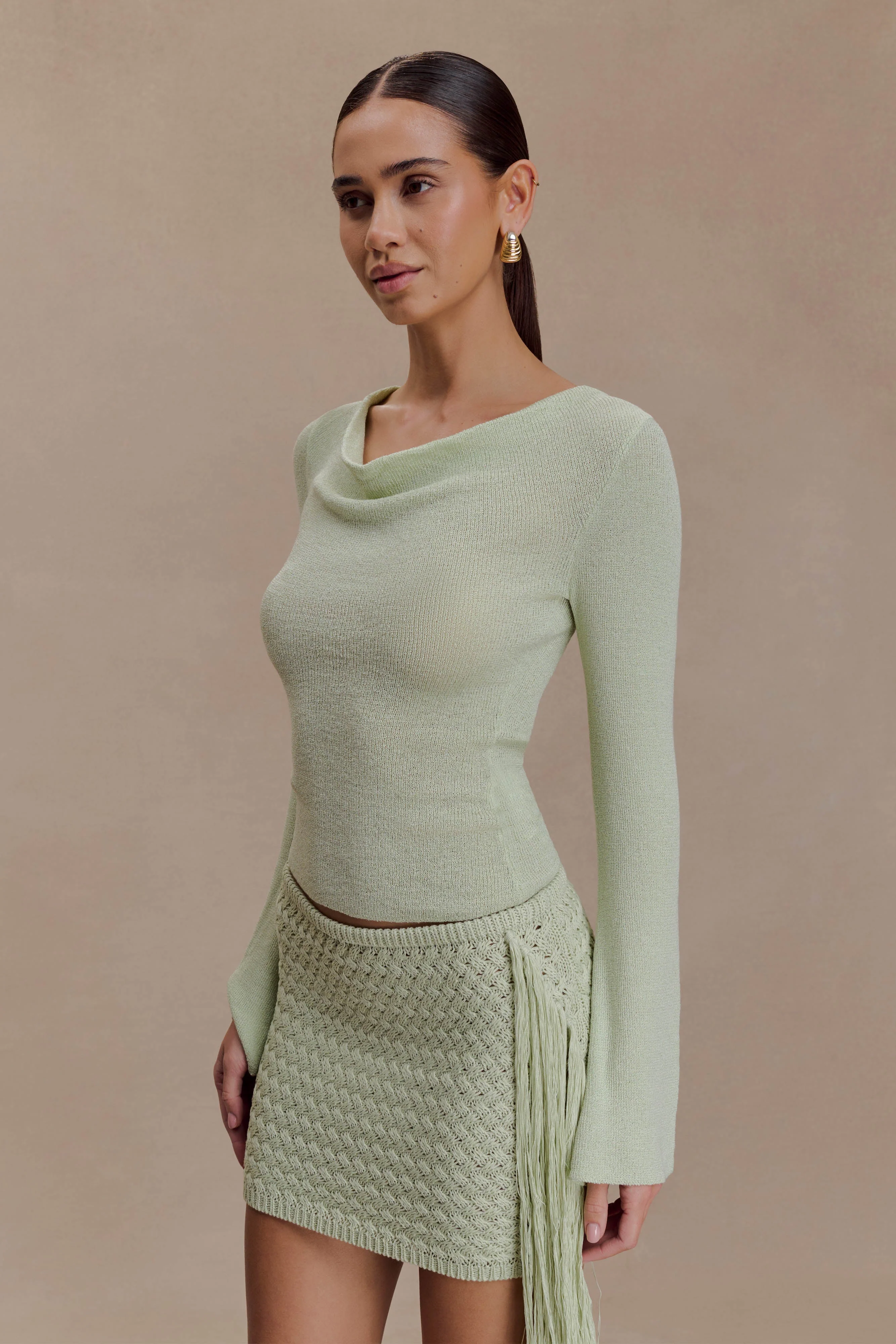 Elowen Knit Cowl Long Sleeve Top - Pastel Green - Image 2