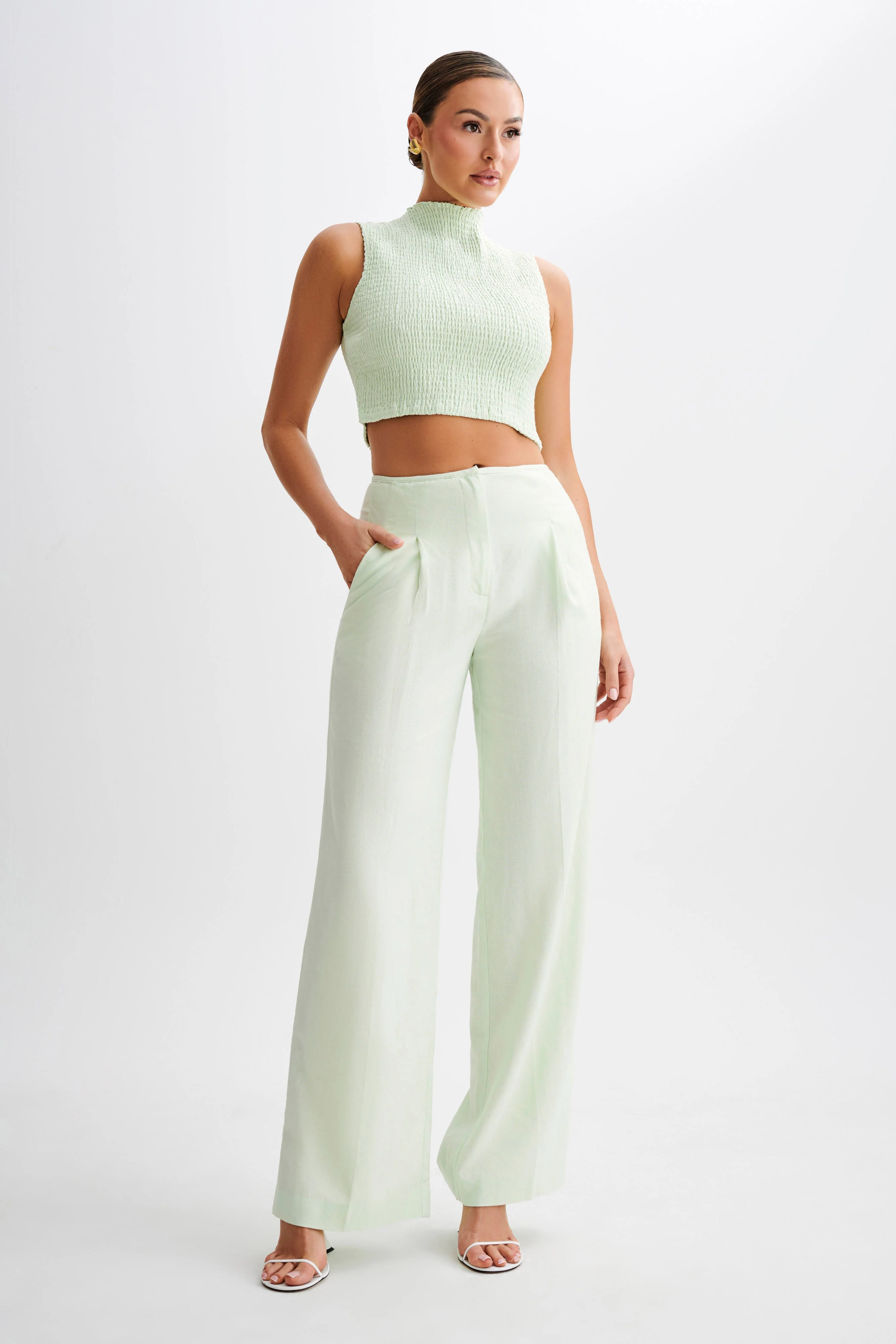 Emanuelle Sleeveless Linen Shirring Top - Mint - Image 4