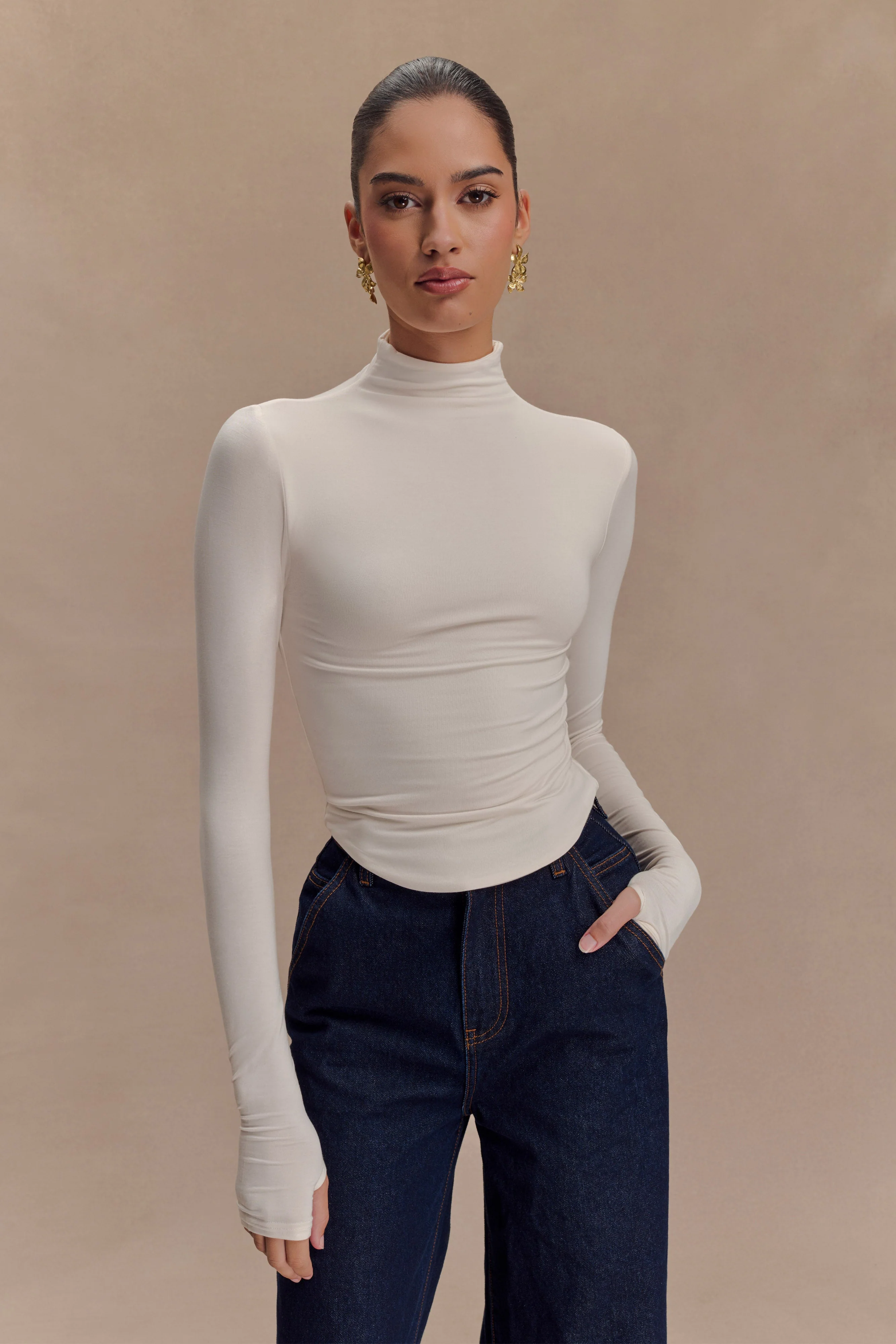 Ember Modal Long Sleeve High Neck Top - Ivory - Image 2