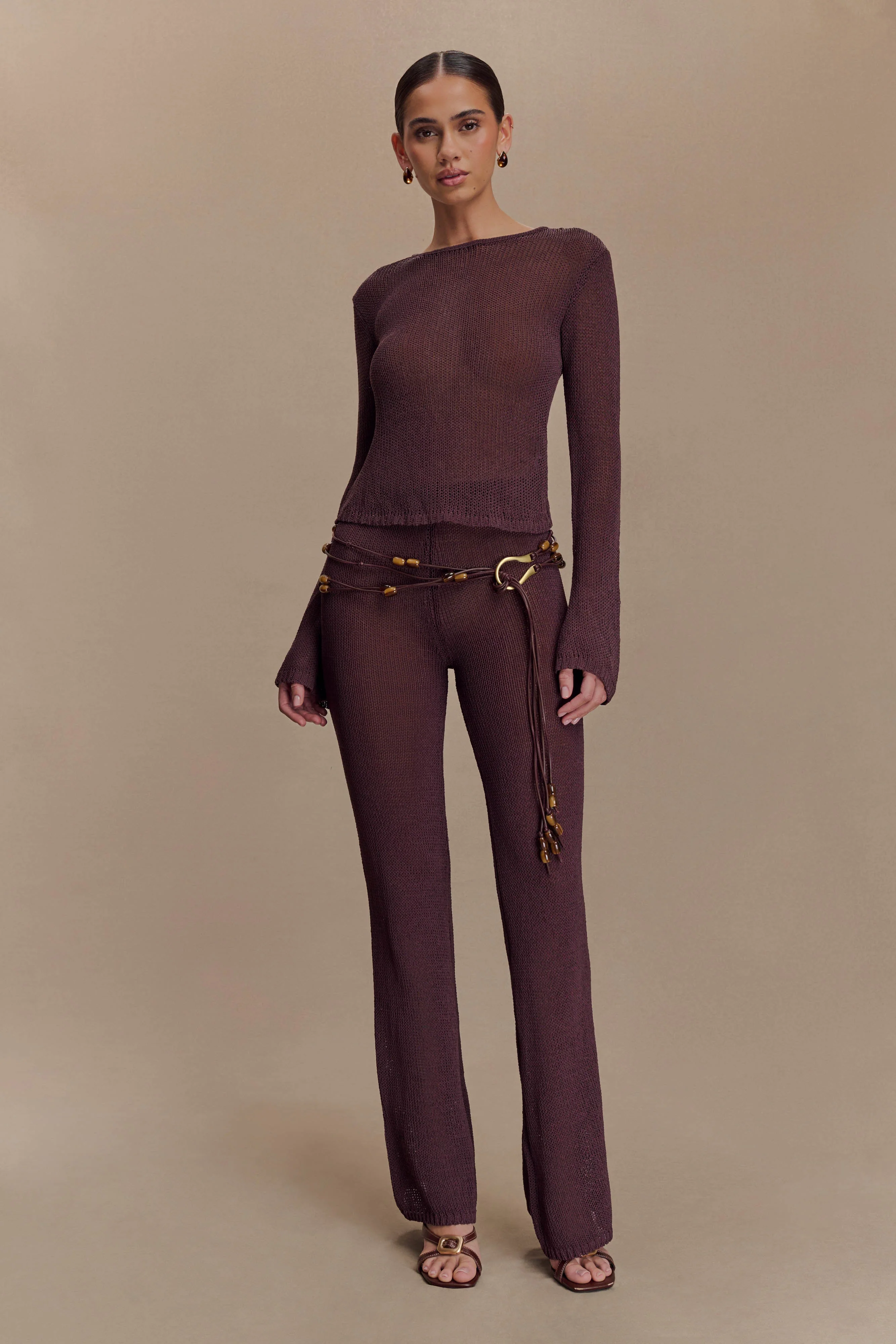 Enid Faux Leather Beaded Belt - Chocolate - Image 3