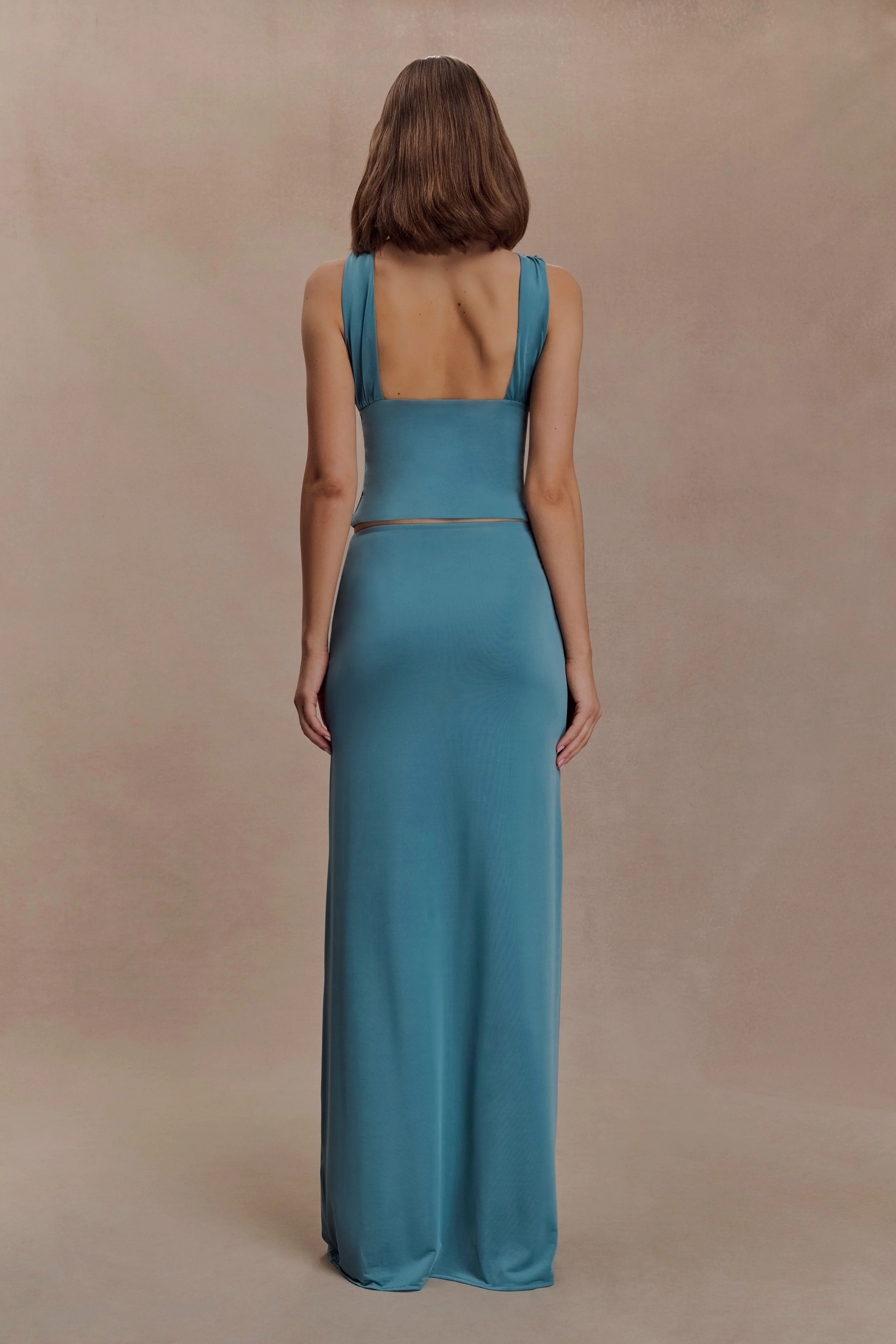 Erina Slinky Ruched Maxi Skirt With Hardware - Teal - Image 2