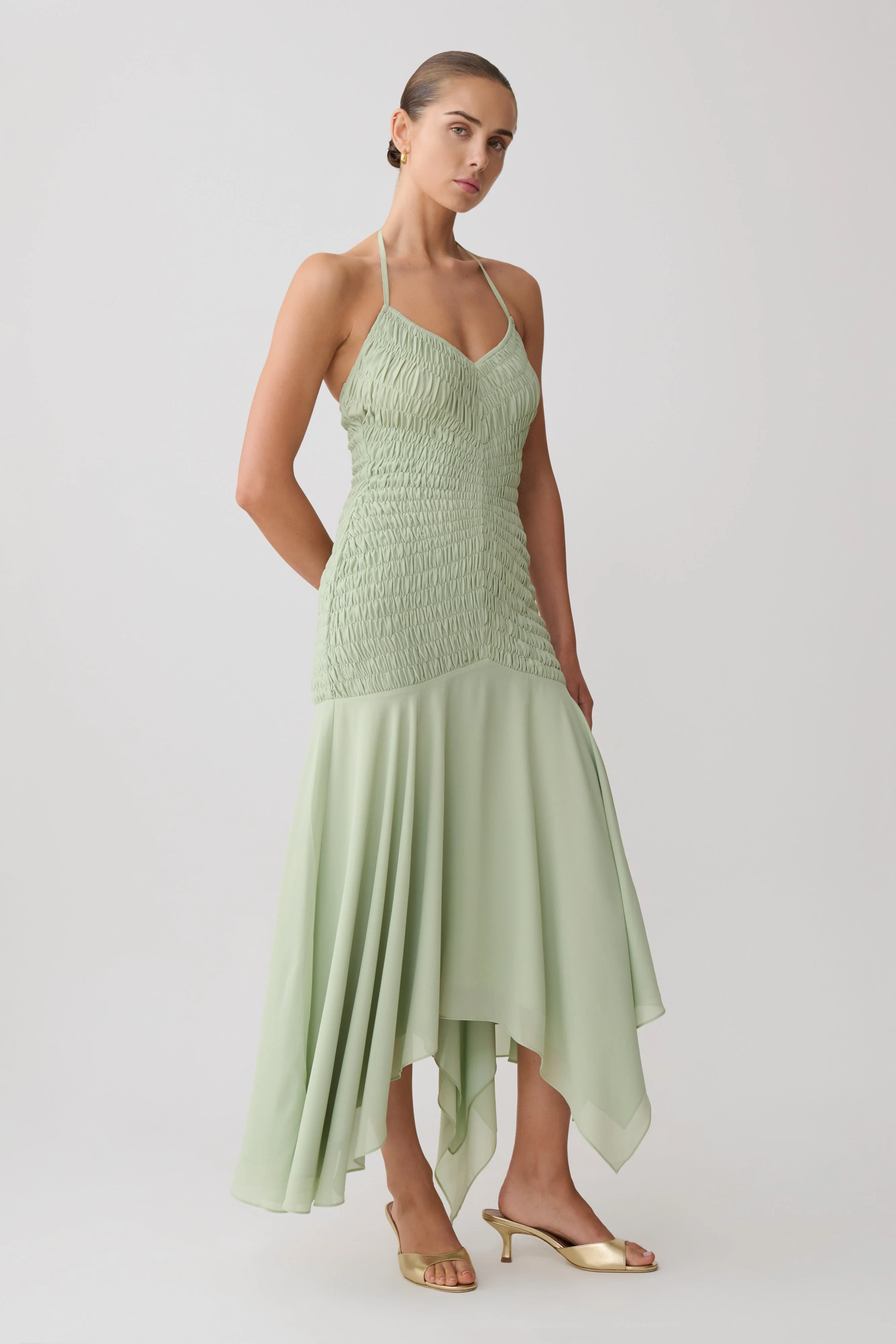 Evelyn Shirred Chiffon Maxi Dress - Sage - Image 4