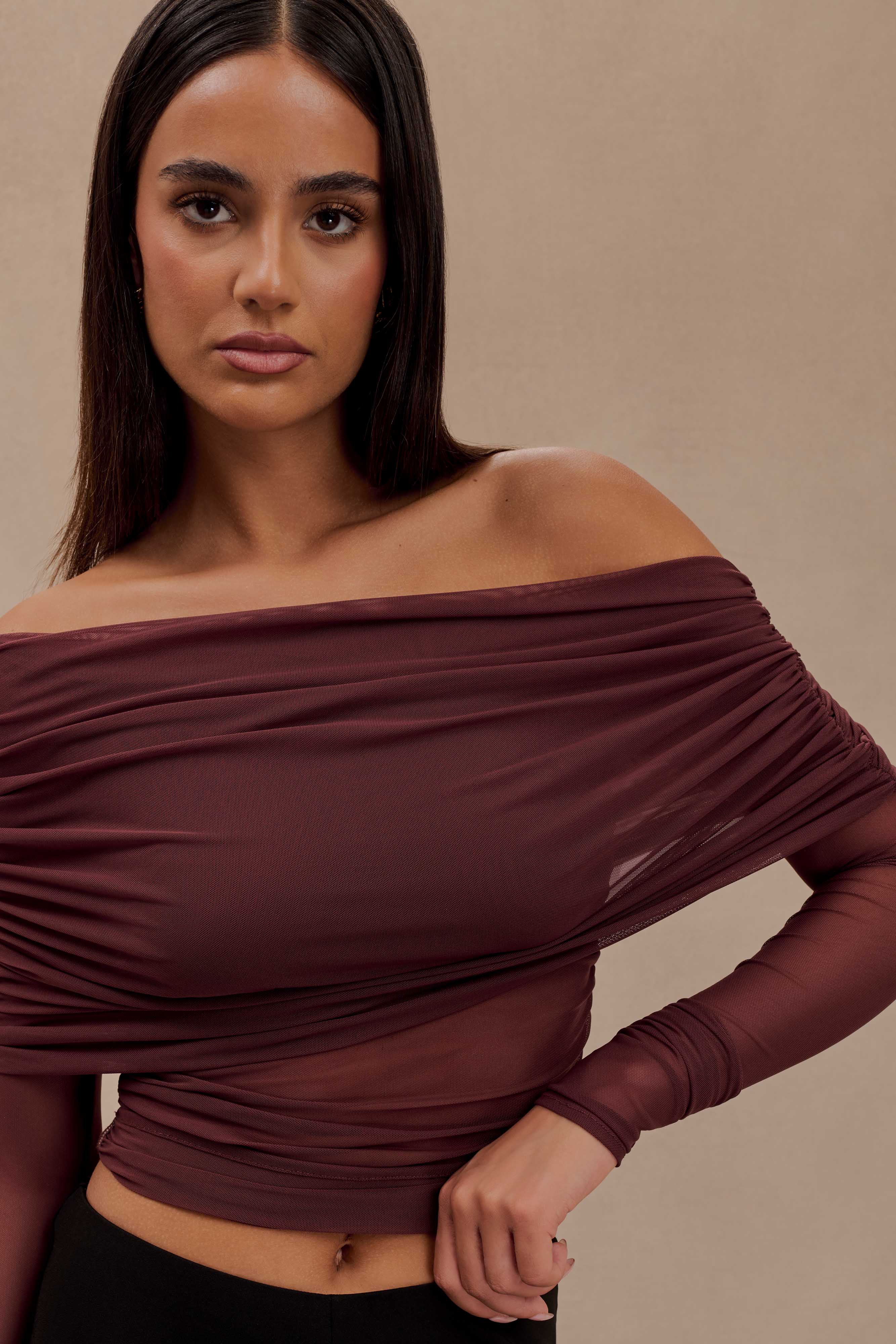 Everly Sheer Mesh Off Shoulder Top - Mahogany - Image 3