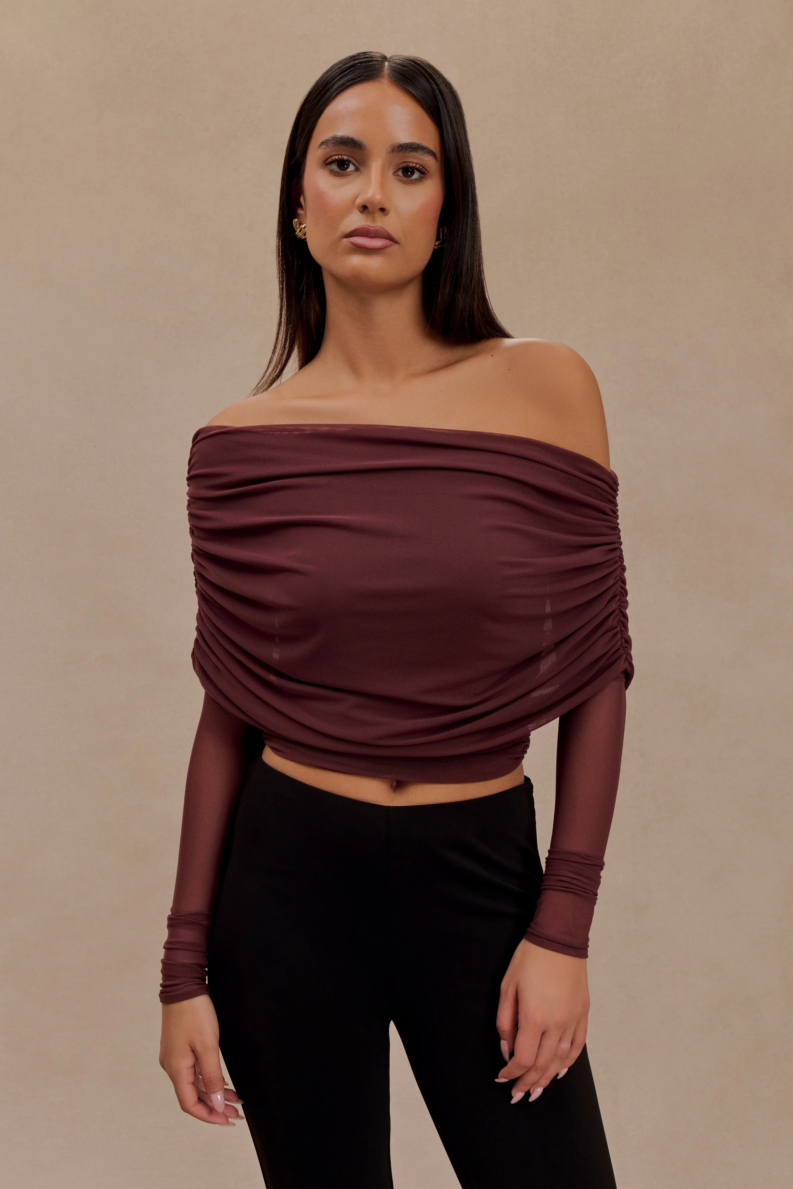 Everly Sheer Mesh Off Shoulder Top - Mahogany - Image 5