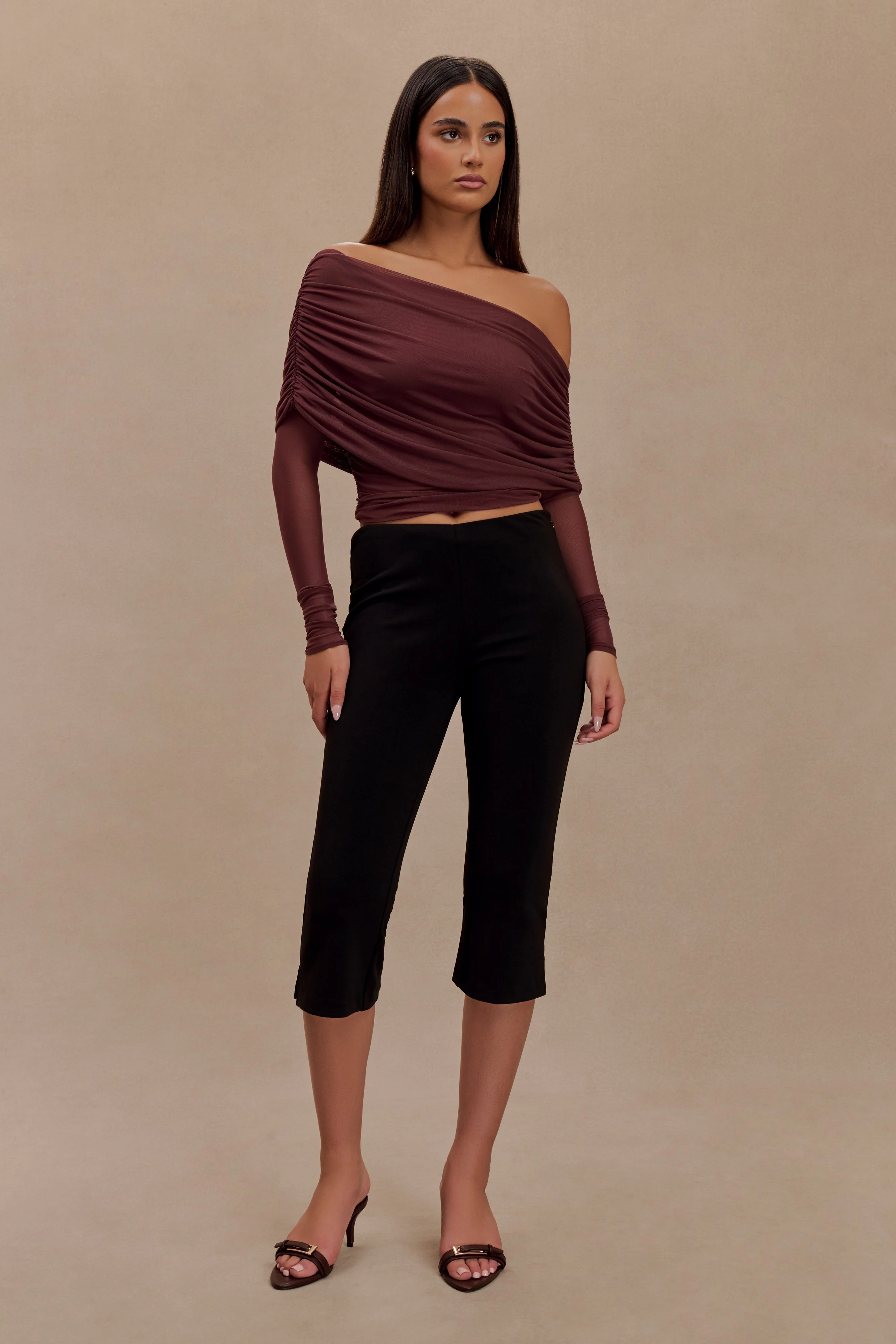 Everly Sheer Mesh Off Shoulder Top - Mahogany - Image 6
