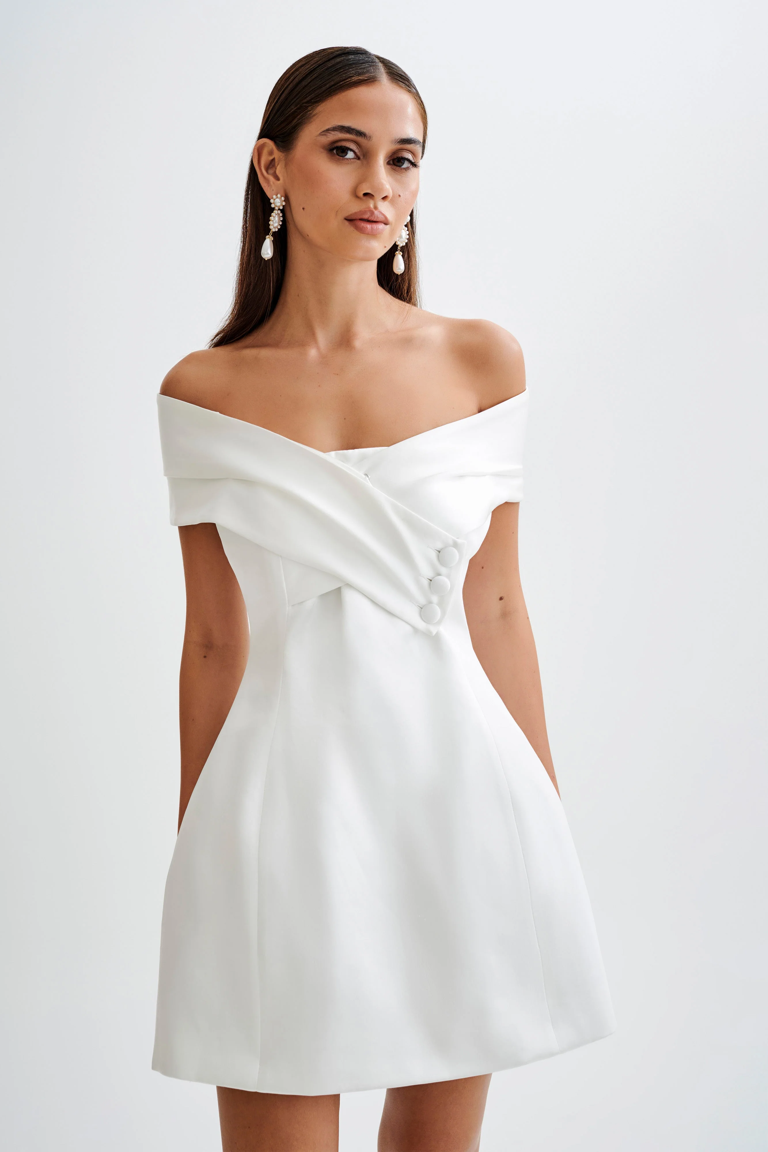 Evita Satin Off Shoulder Mini Dress - White - Image 4