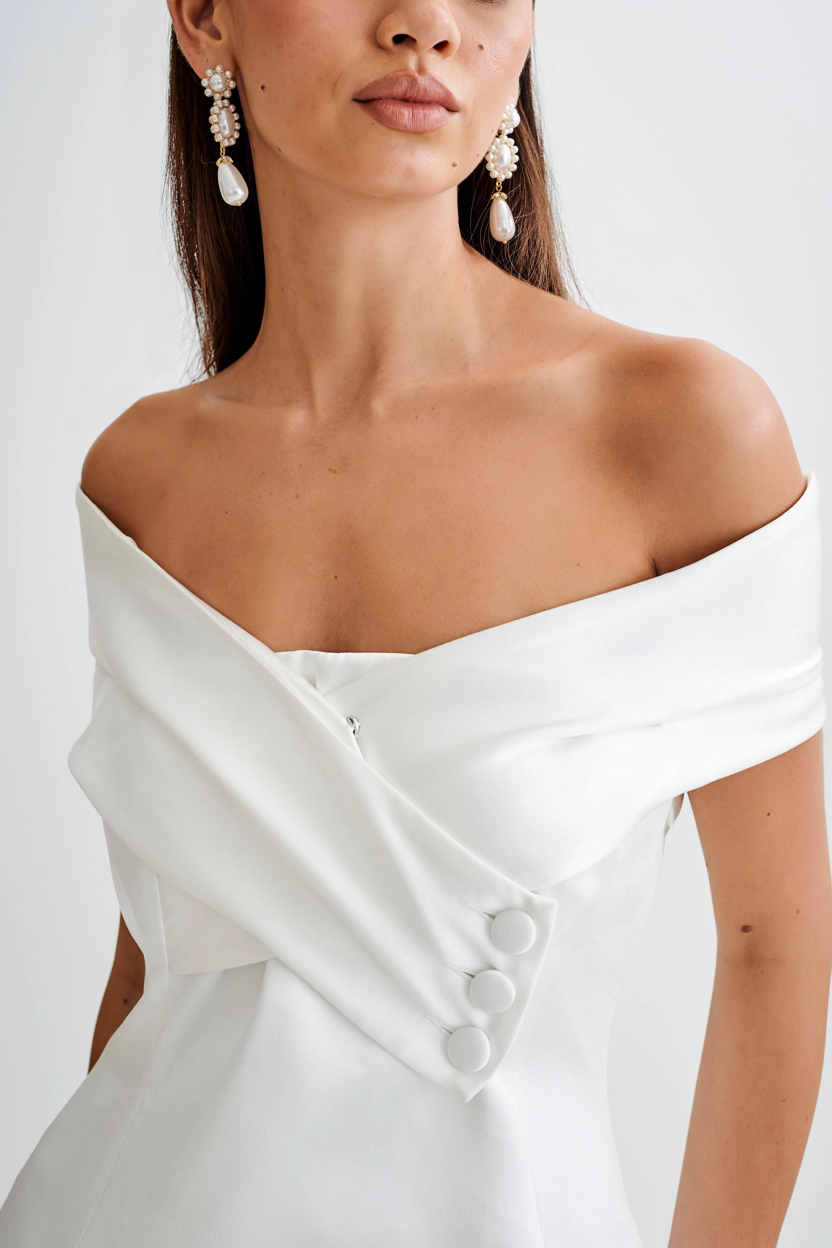 Evita Satin Off Shoulder Mini Dress - White - Image 5