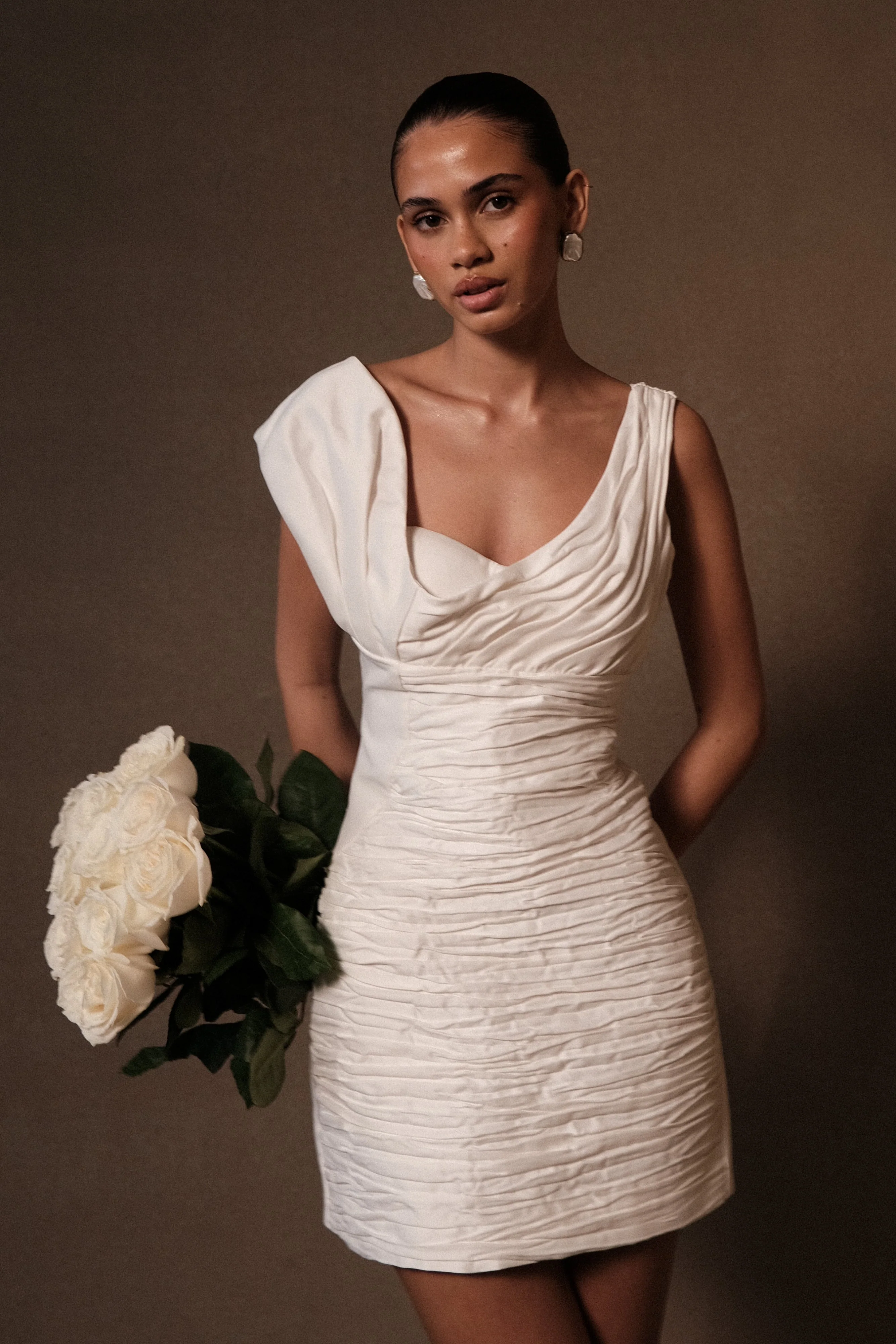 Farrah Structured Draped Mini Dress - White - Image 10