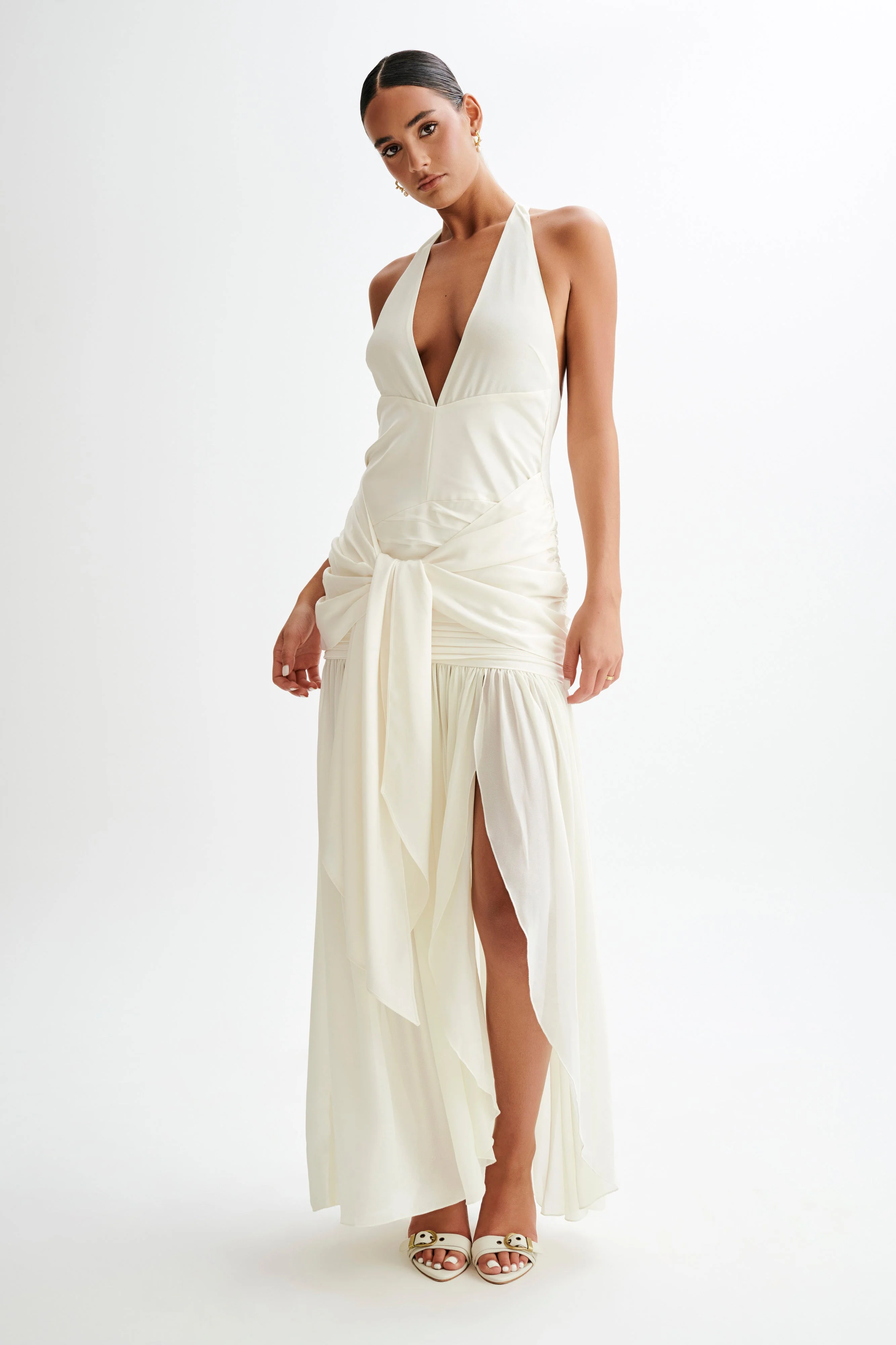 Graziana Satin Chiffon Plunge Maxi Dress - Ivory - Image 9