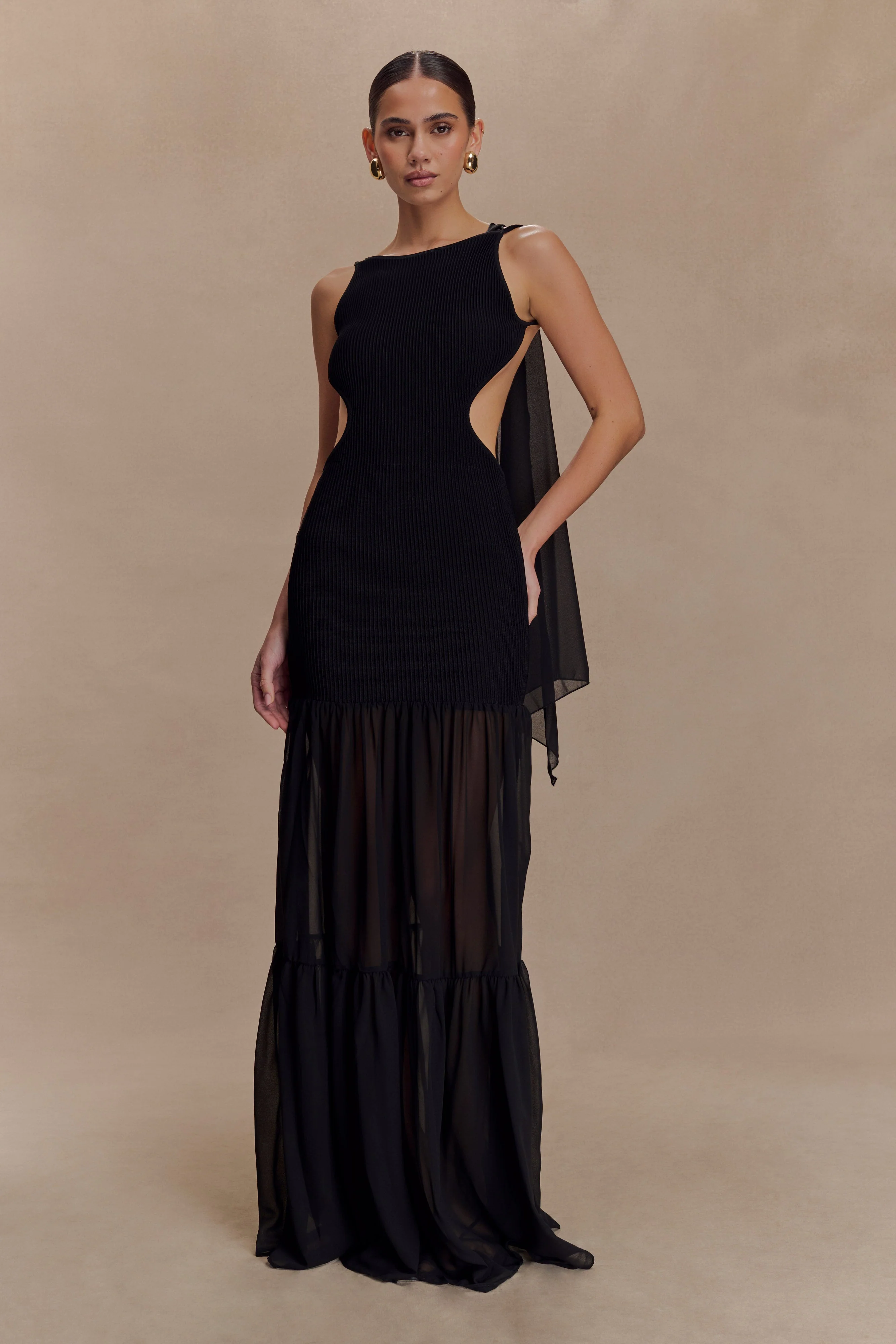 Haille Knit Chiffon Maxi Dress - Black - Image 3