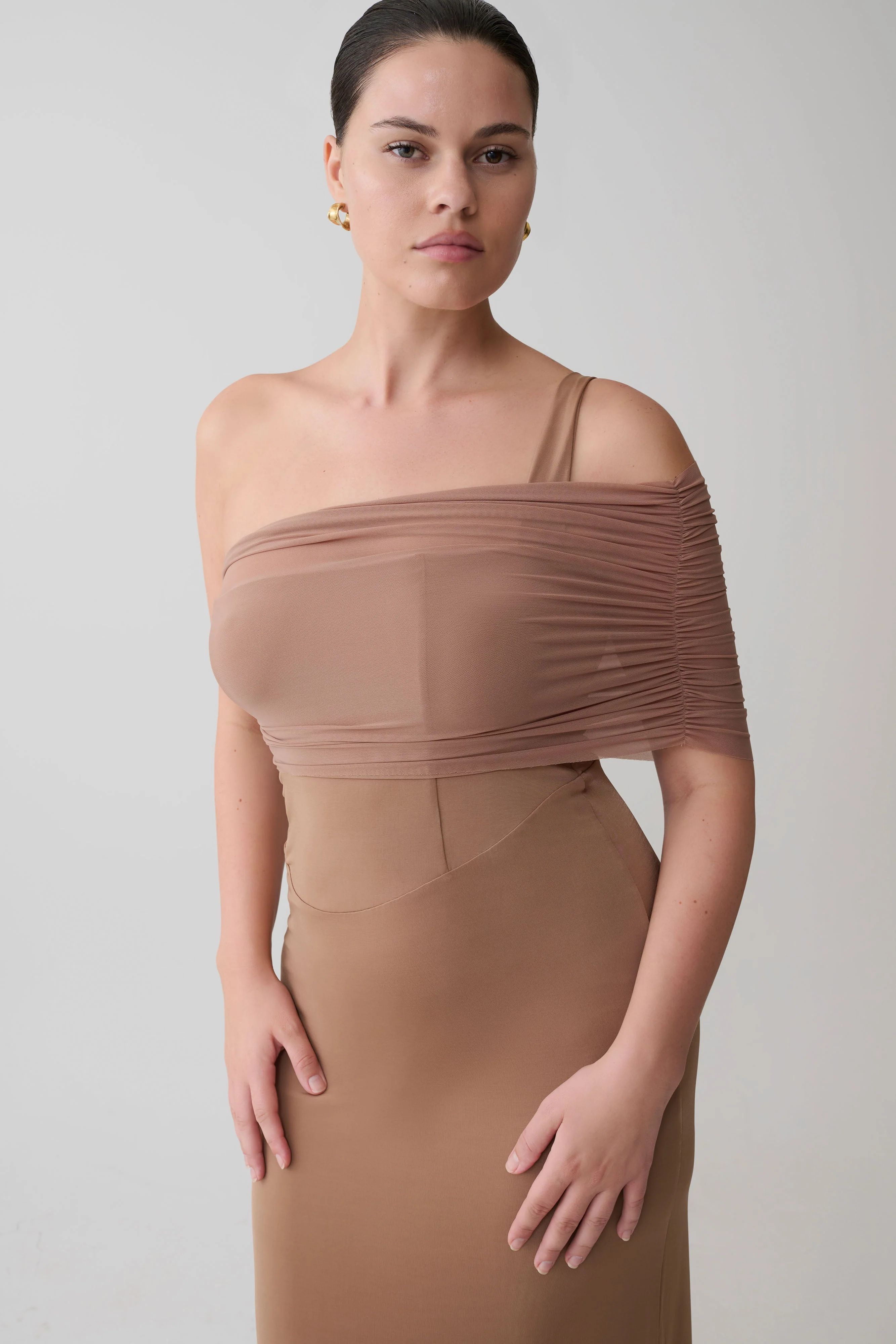 Hanh One Shoulder Mesh Maxi Dress - Tan - Image 5
