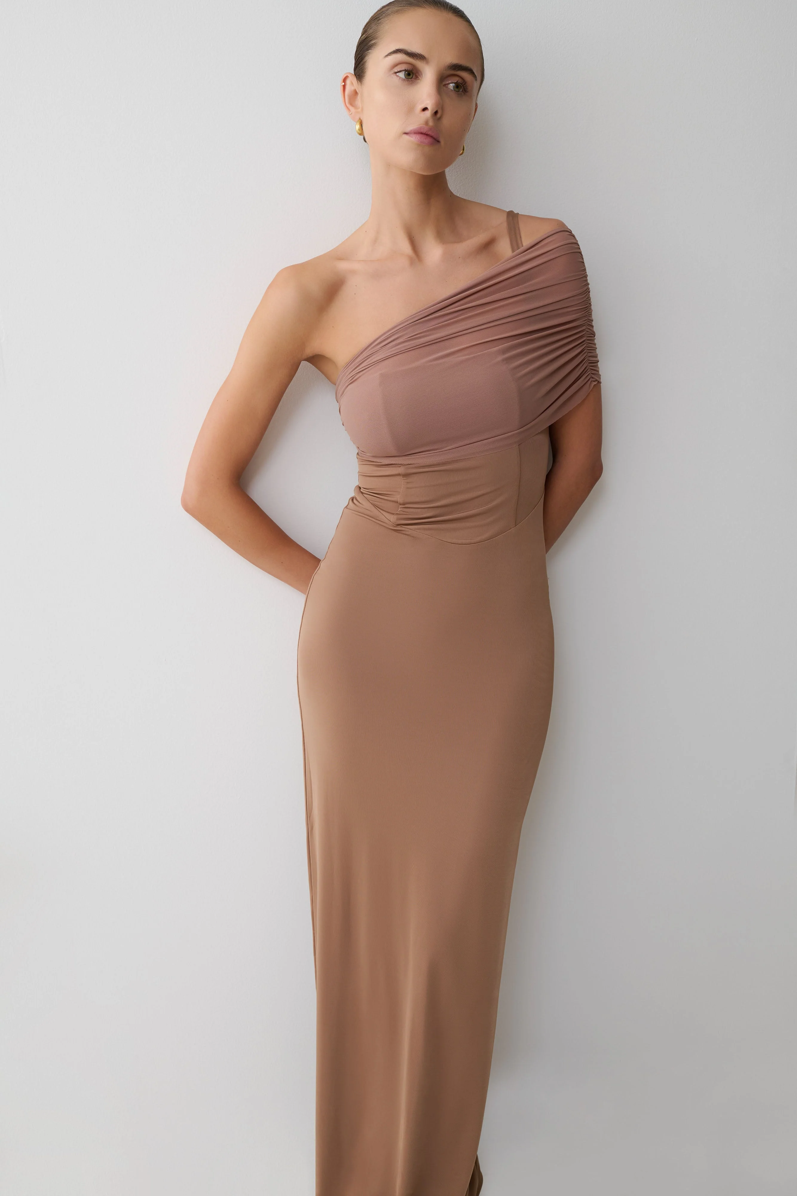 Hanh One Shoulder Mesh Maxi Dress - Tan - Image 8