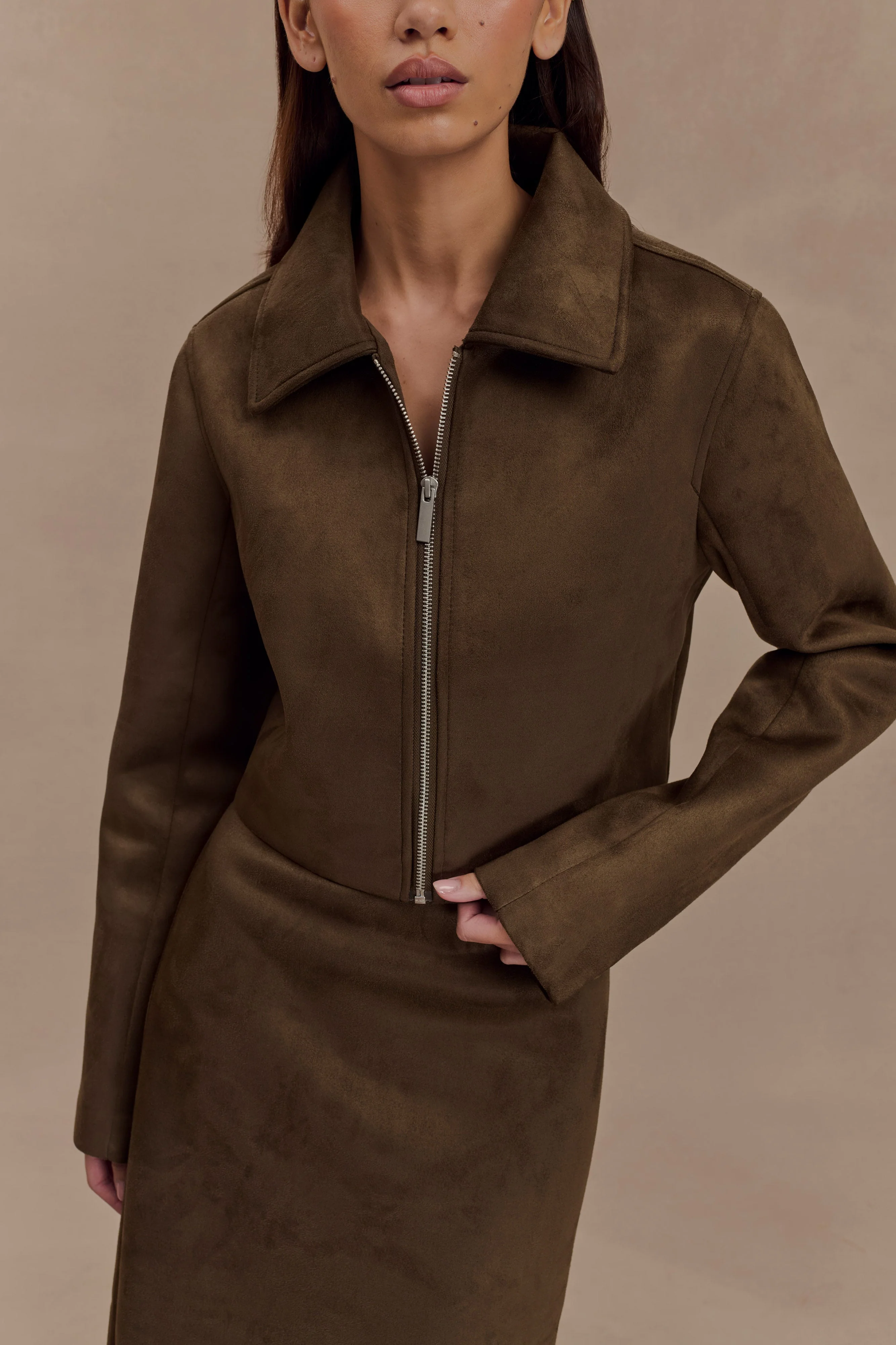 Hayes Faux Suede Collared Jacket - Chocolate - Image 2