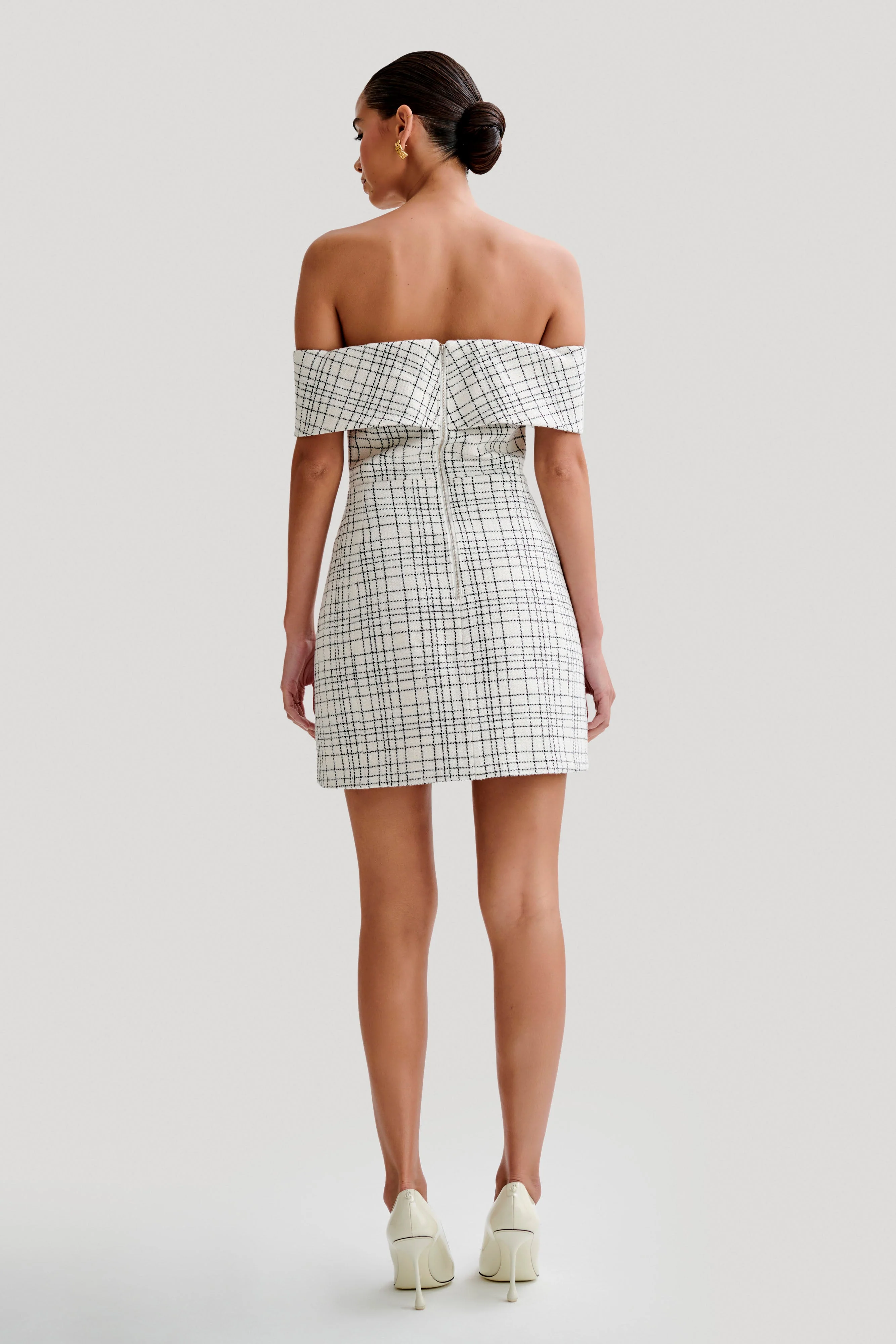 Helena Tweed Off Shoulder Mini Dress - White Check - Image 8